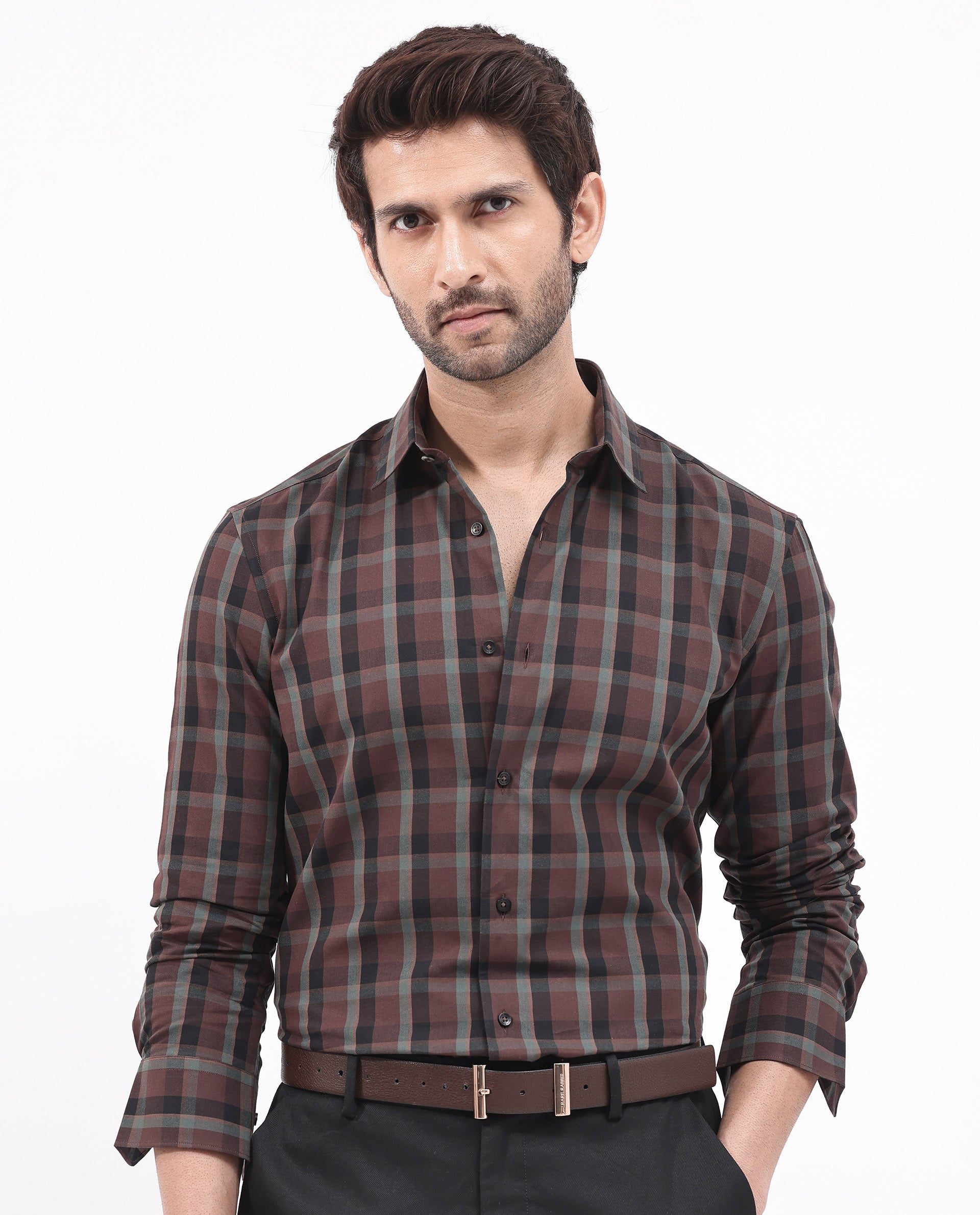 Rare Rabbit Men's Shiloh Brown Cotton Fabric Full Sleeve Regular Fit Checks Shirt