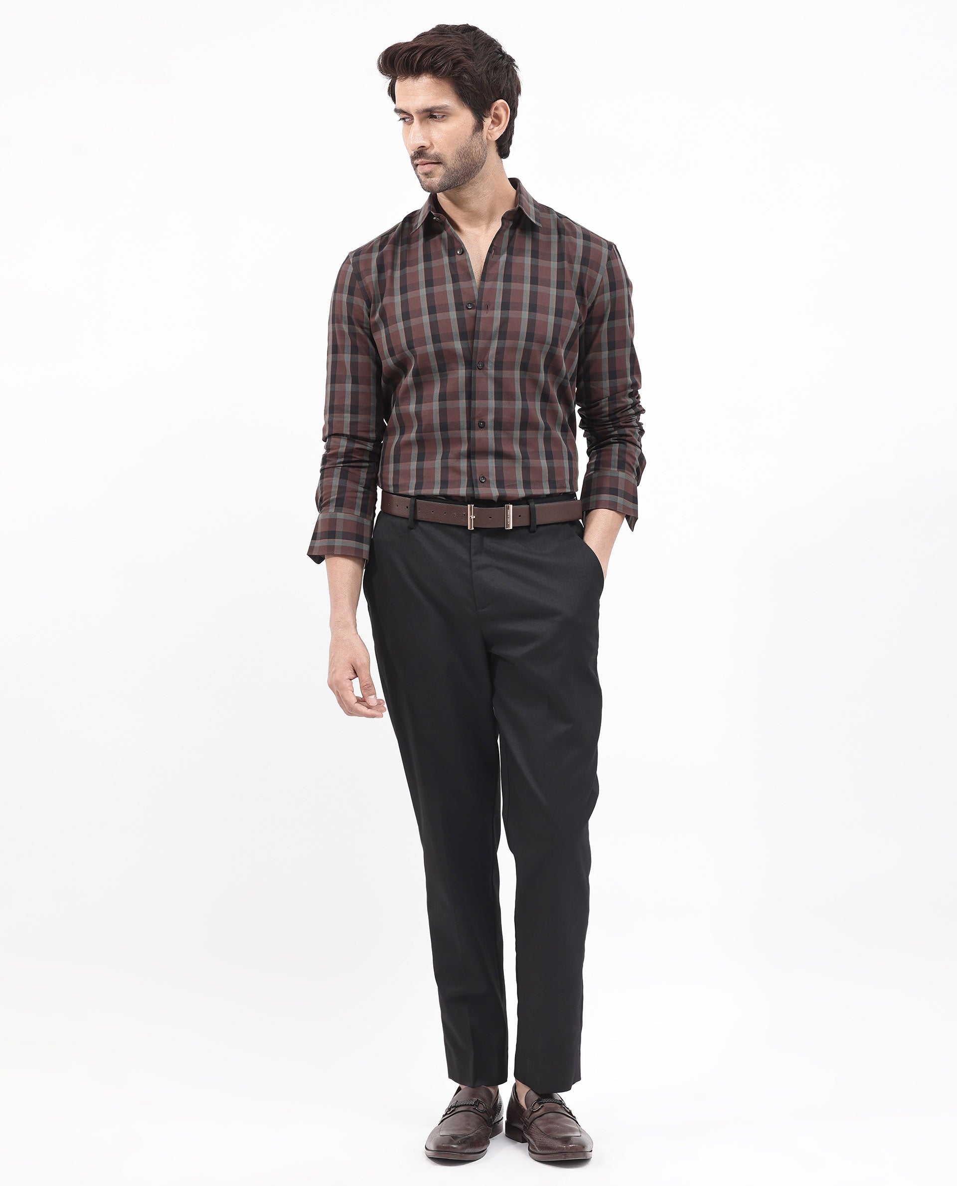 Rare Rabbit Men's Shiloh Brown Cotton Fabric Full Sleeve Regular Fit Checks Shirt