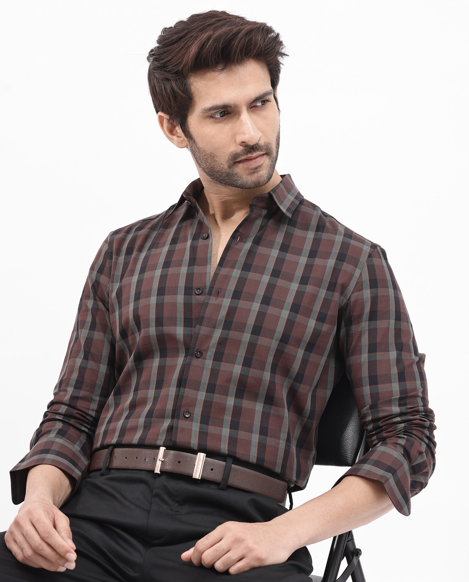 Rare Rabbit Men's Shiloh Brown Cotton Fabric Full Sleeve Regular Fit Checks Shirt