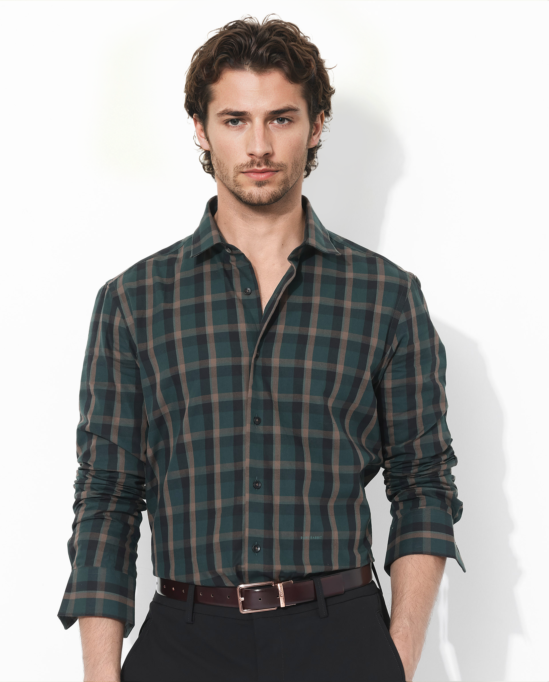 Rare Rabbit Men's Shiloh Dark Green Cotton Fabric Full Sleeve Regular Fit Checks Shirt
