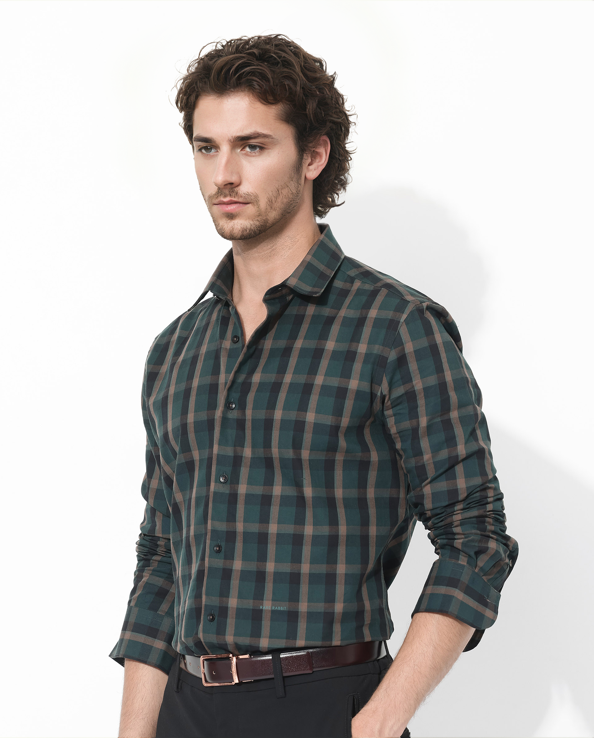 Rare Rabbit Men's Shiloh Dark Green Cotton Fabric Full Sleeve Regular Fit Checks Shirt