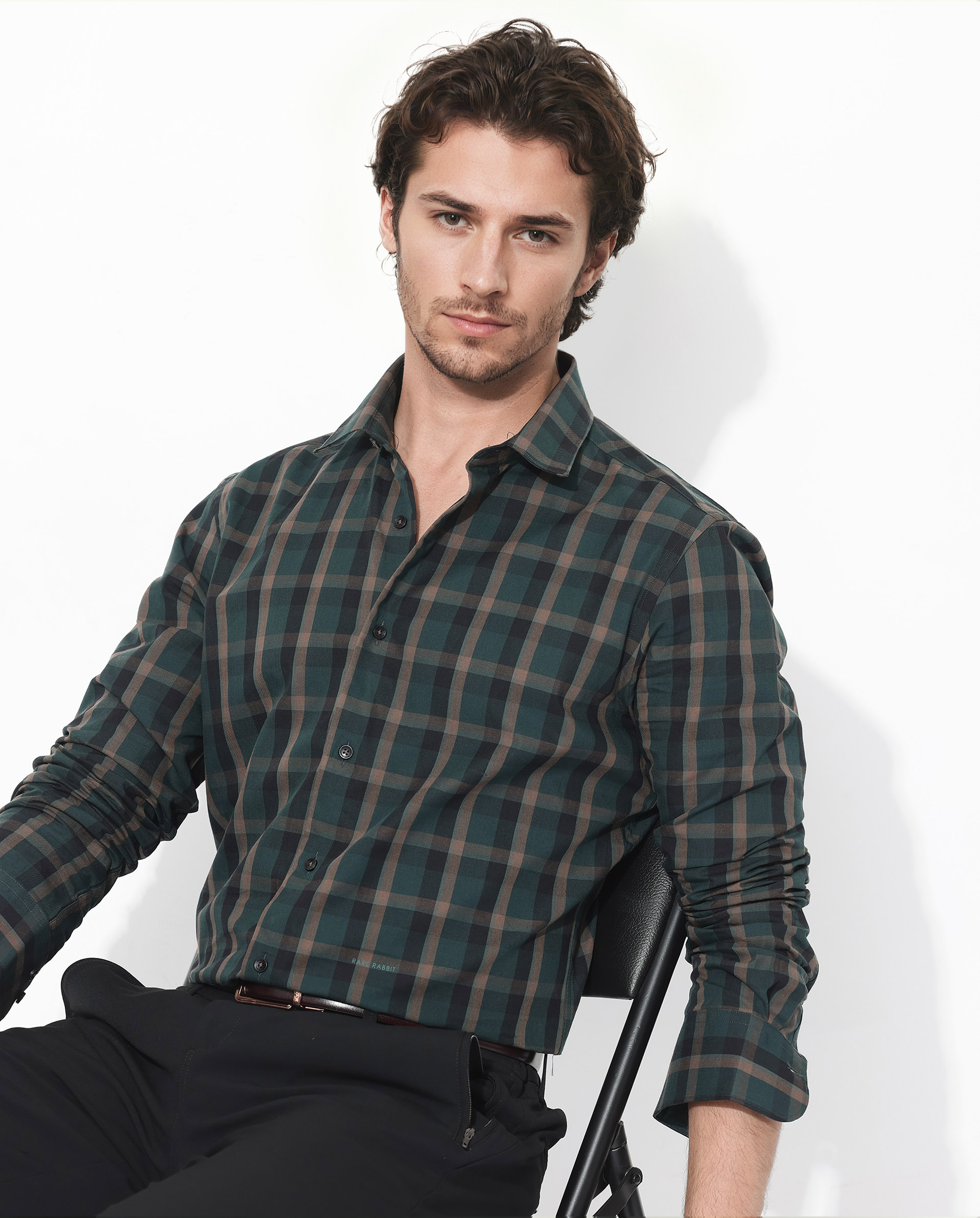 Rare Rabbit Men's Shiloh Dark Green Cotton Fabric Full Sleeve Regular Fit Checks Shirt