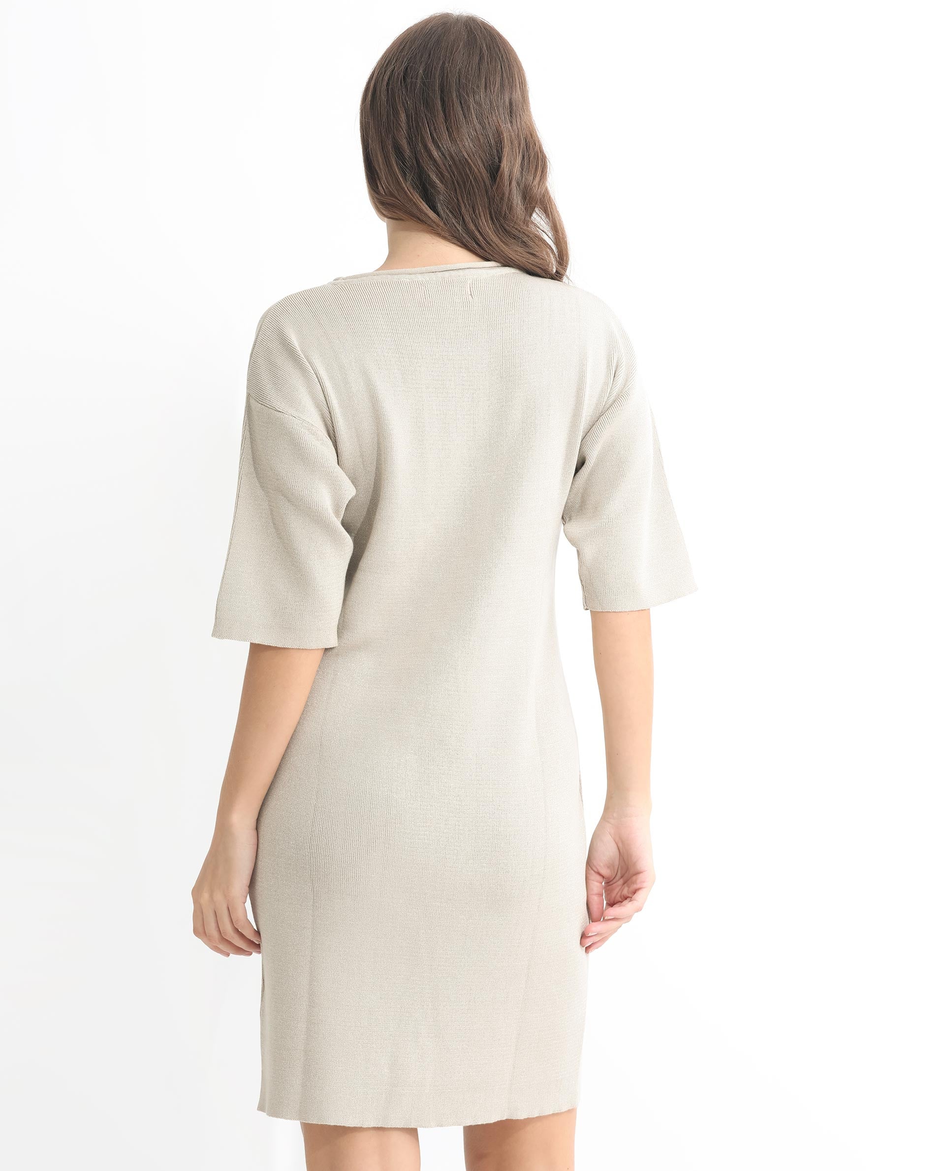 Rareism Women Shimknit Beige Half Sleeves Relaxed Fit Solid Boat Neck Sweater