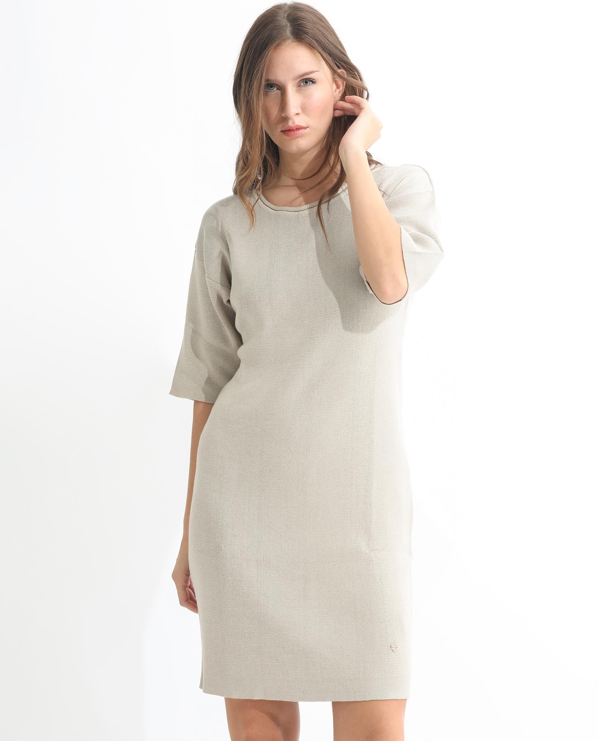 Rareism Women Shimknit Beige Half Sleeves Relaxed Fit Solid Boat Neck Sweater