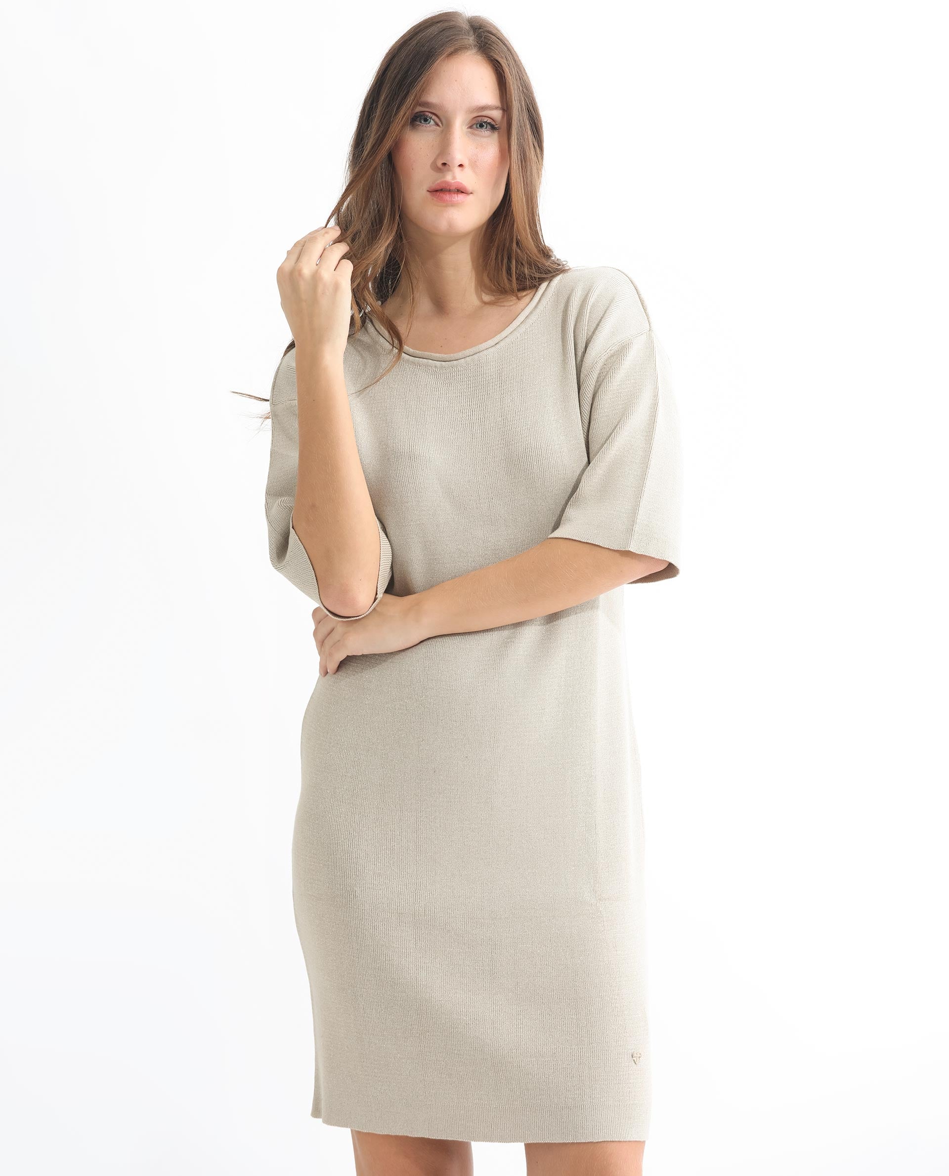 Rareism Women Shimknit Beige Half Sleeves Relaxed Fit Solid Boat Neck Sweater