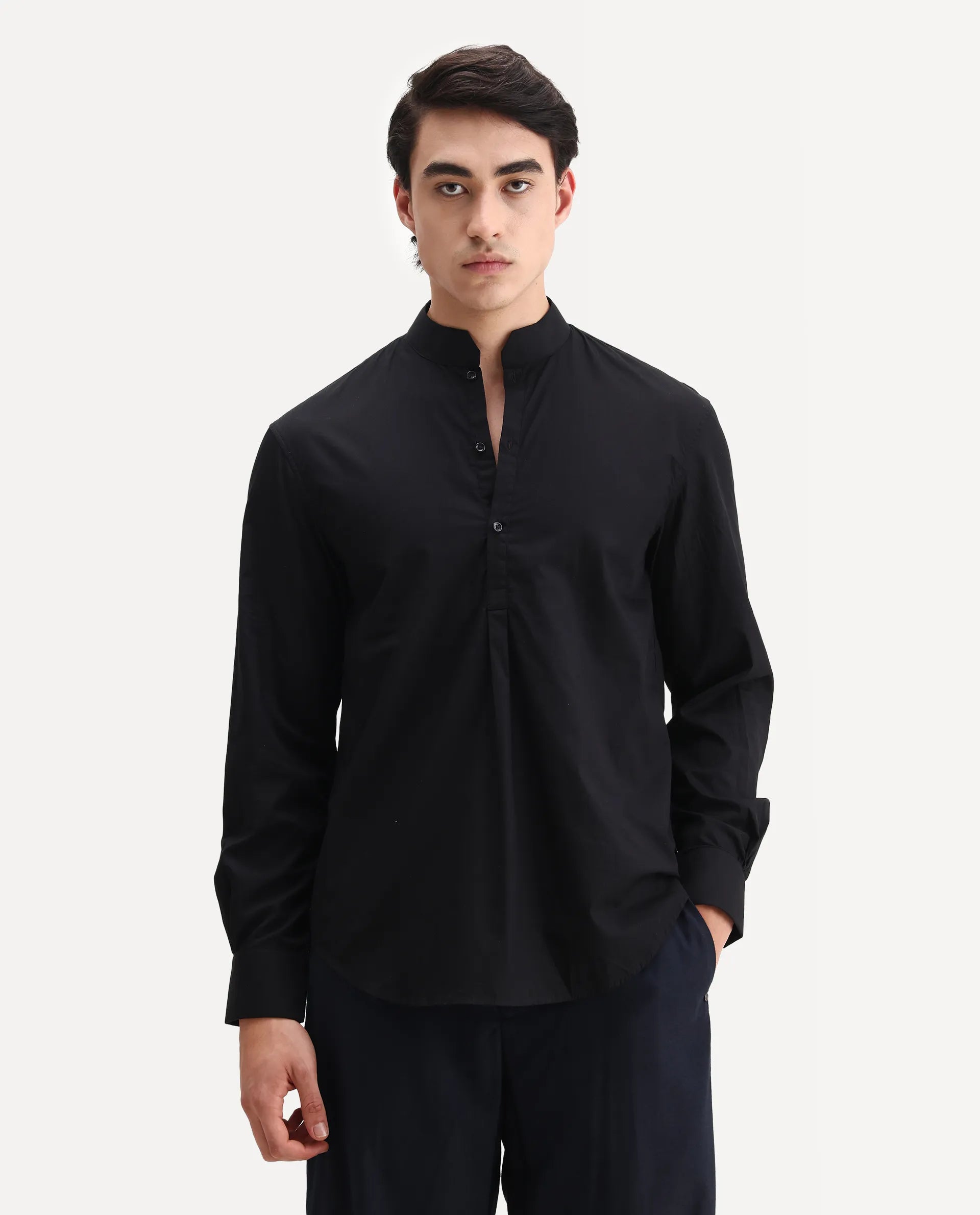 Rare Rabbit Men's Shin Black Cotton Plain Regular Fit Full Sleeve Mandarin Collar Shirt