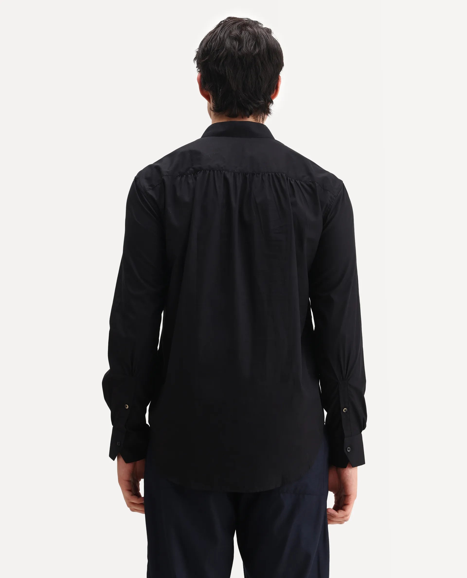 Rare Rabbit Men's Shin Black Cotton Plain Regular Fit Full Sleeve Mandarin Collar Shirt