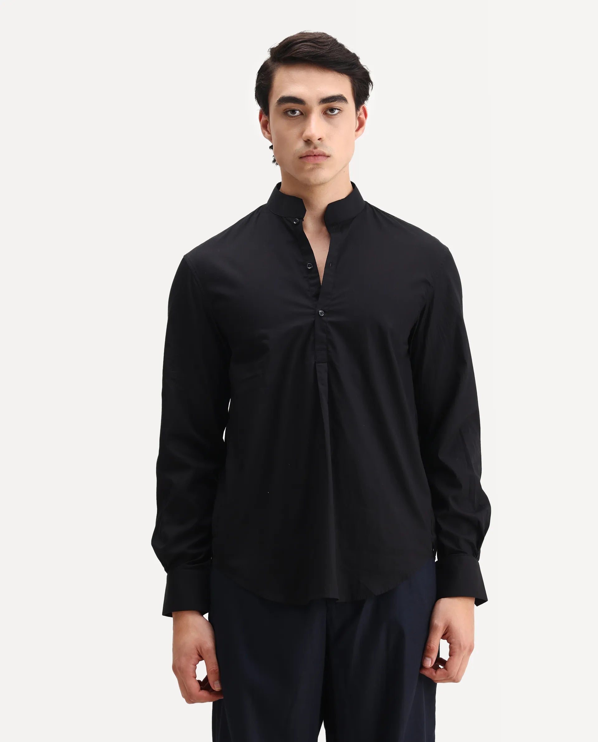 Rare Rabbit Men's Shin Black Cotton Plain Regular Fit Full Sleeve Mandarin Collar Shirt