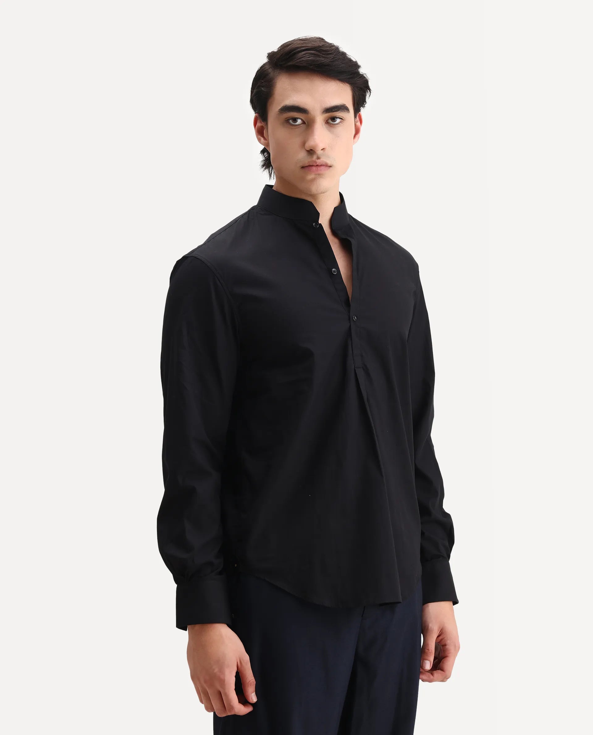 Rare Rabbit Men's Shin Black Cotton Plain Regular Fit Full Sleeve Mandarin Collar Shirt