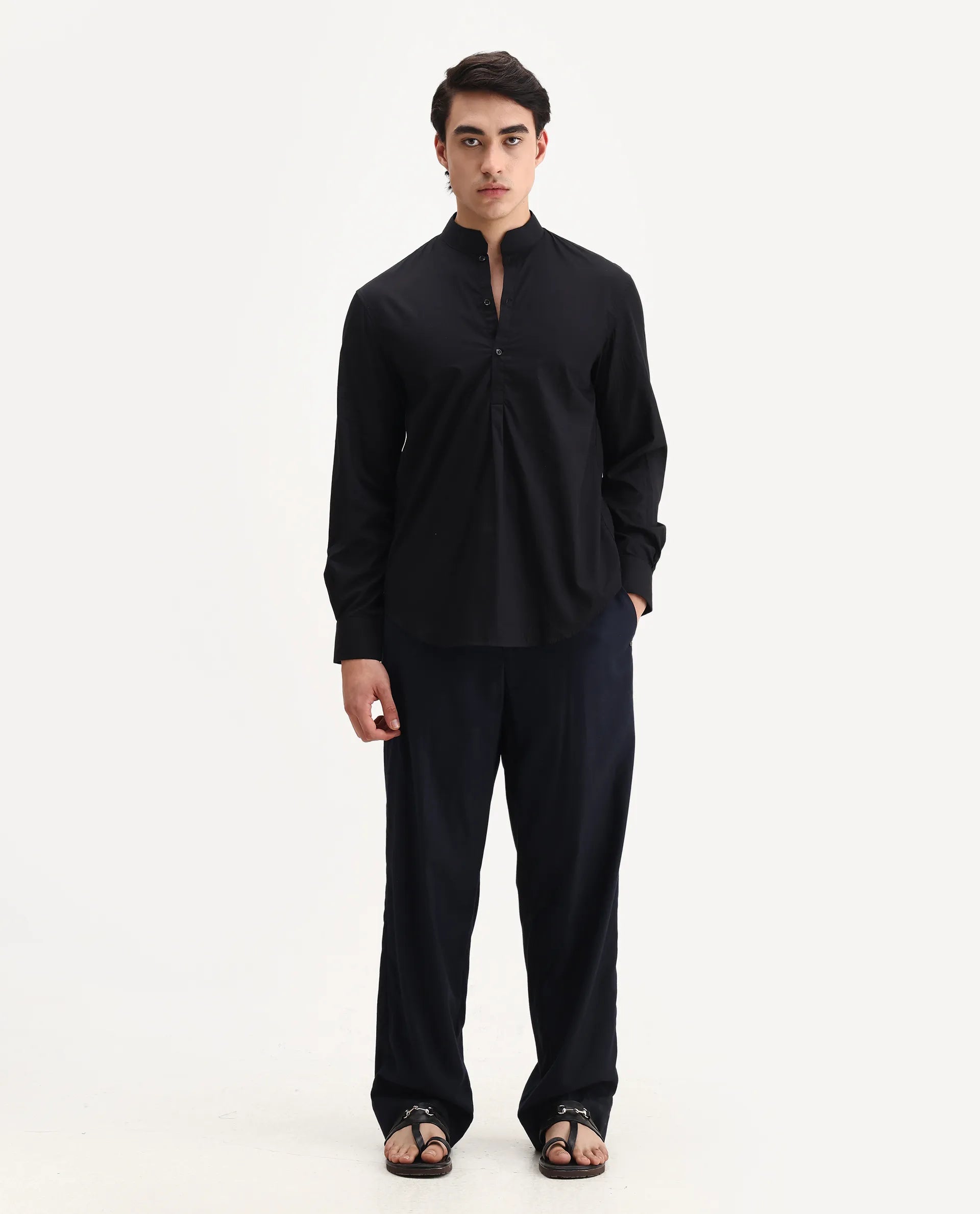 Rare Rabbit Men's Shin Black Cotton Plain Regular Fit Full Sleeve Mandarin Collar Shirt