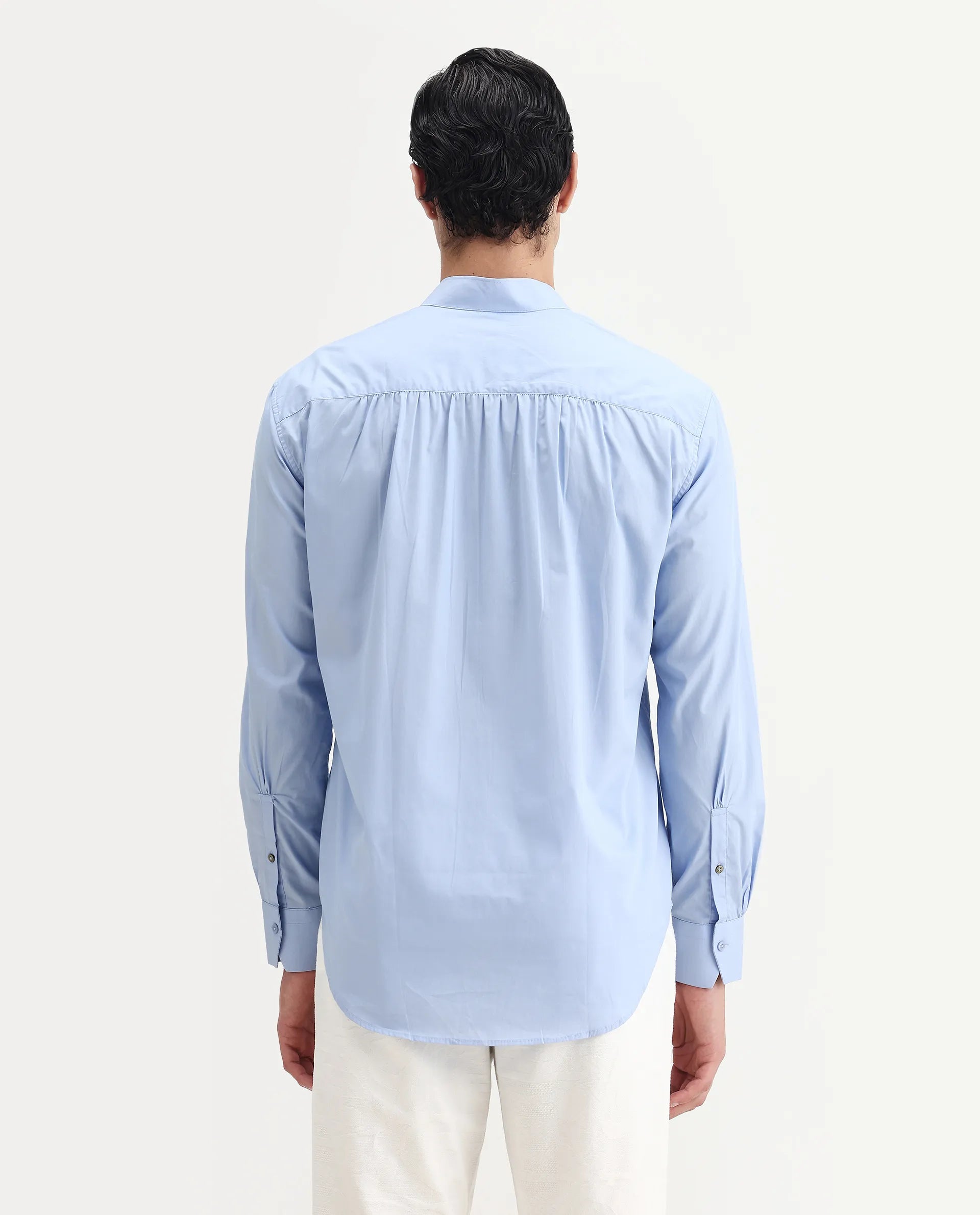 Rare Rabbit Men's Shin Pastel Blue Cotton Plain Regular Fit Full Sleeve Mandarin Collar Shirt