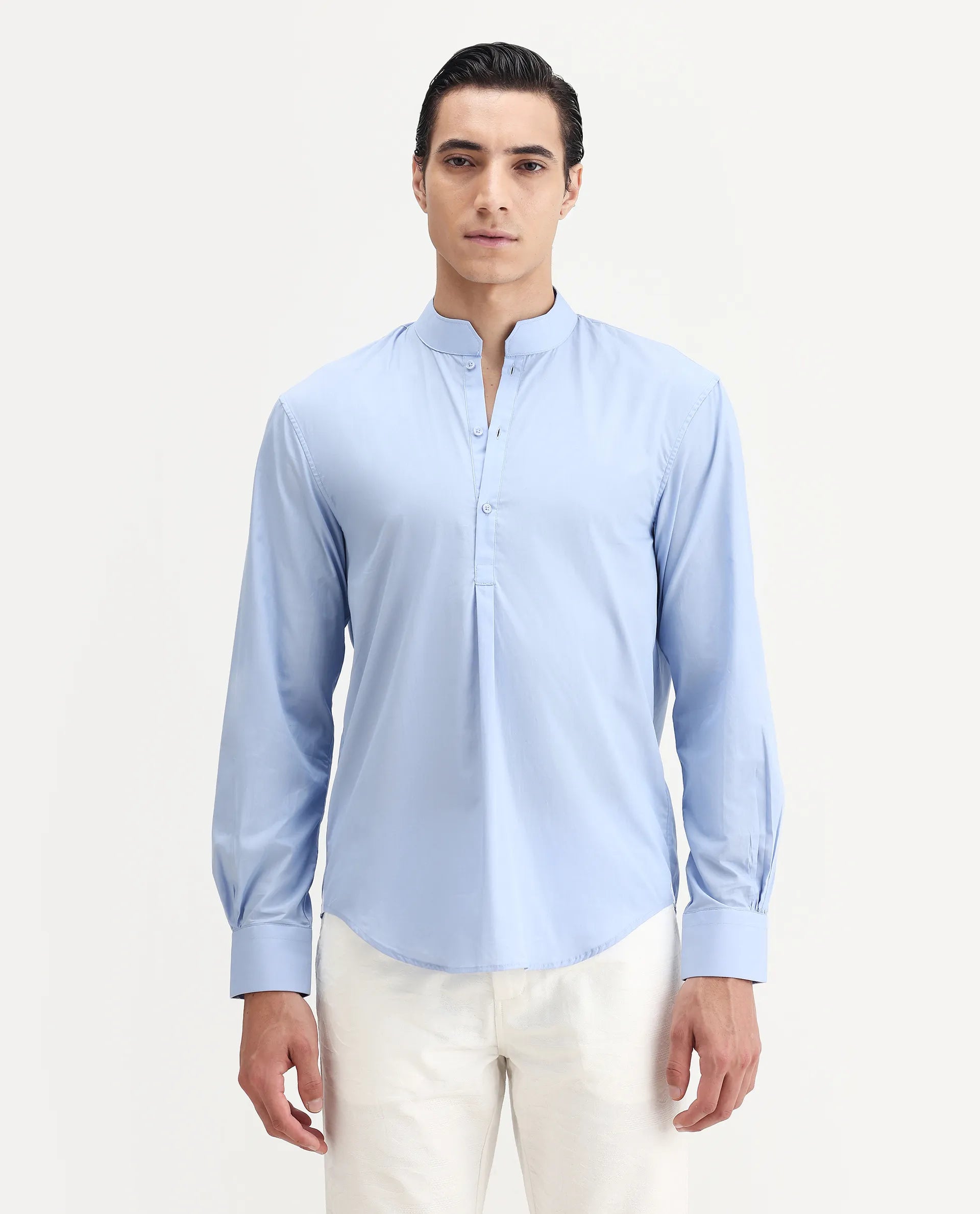 Rare Rabbit Men's Shin Pastel Blue Cotton Plain Regular Fit Full Sleeve Mandarin Collar Shirt