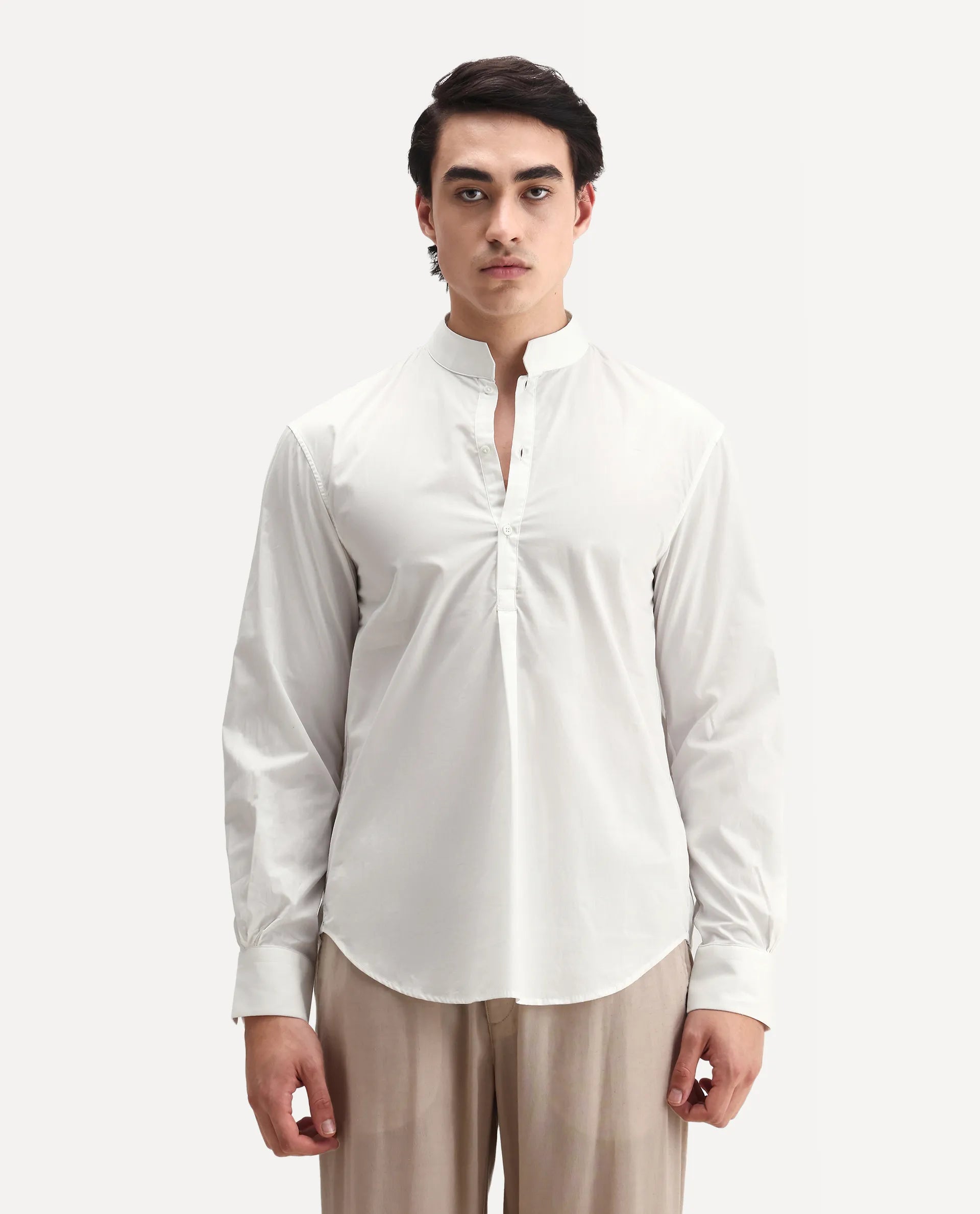 Rare Rabbit Men's Shin White Cotton Plain Regular Fit Full Sleeve Mandarin Collar Shirt