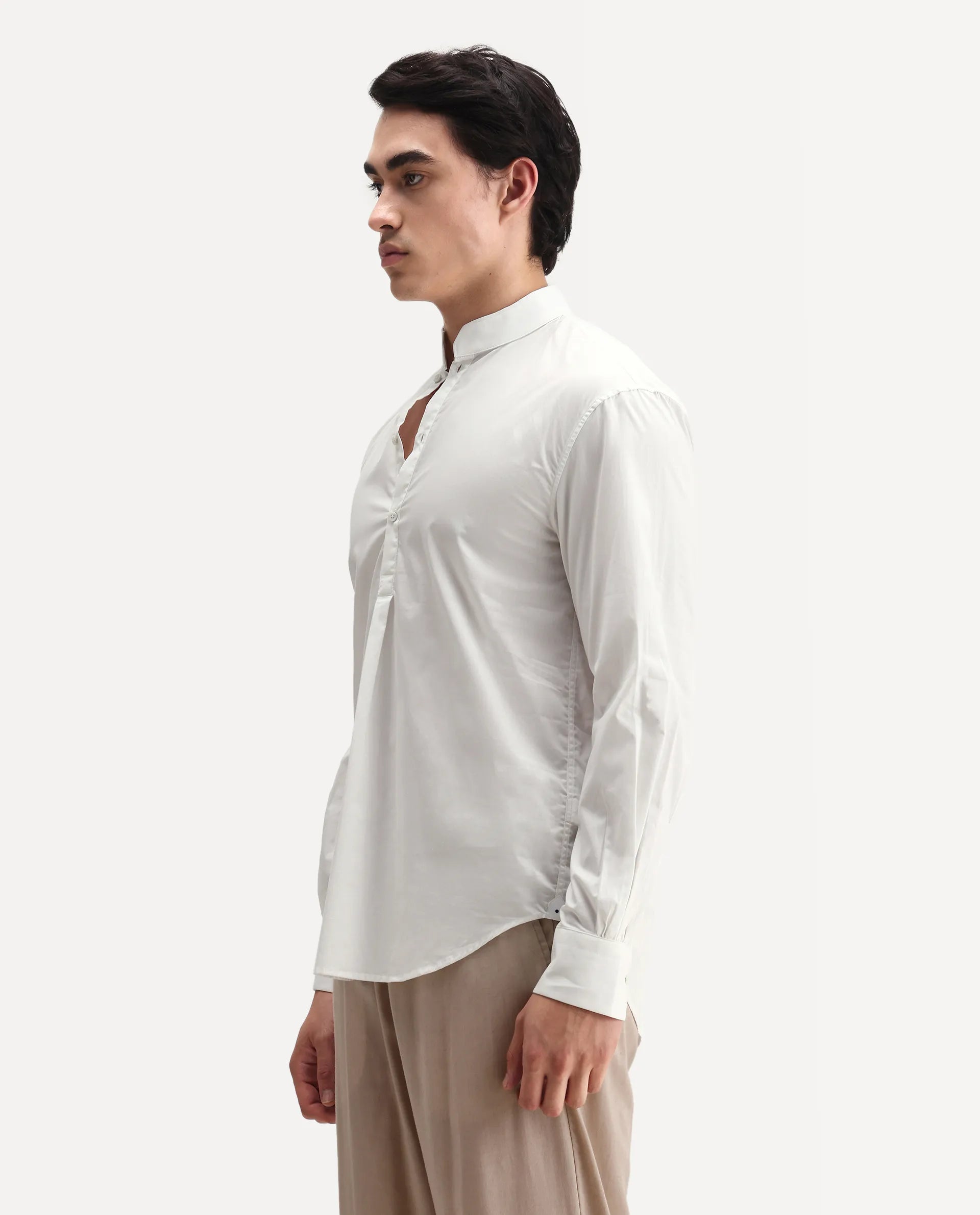 Rare Rabbit Men's Shin White Cotton Plain Regular Fit Full Sleeve Mandarin Collar Shirt
