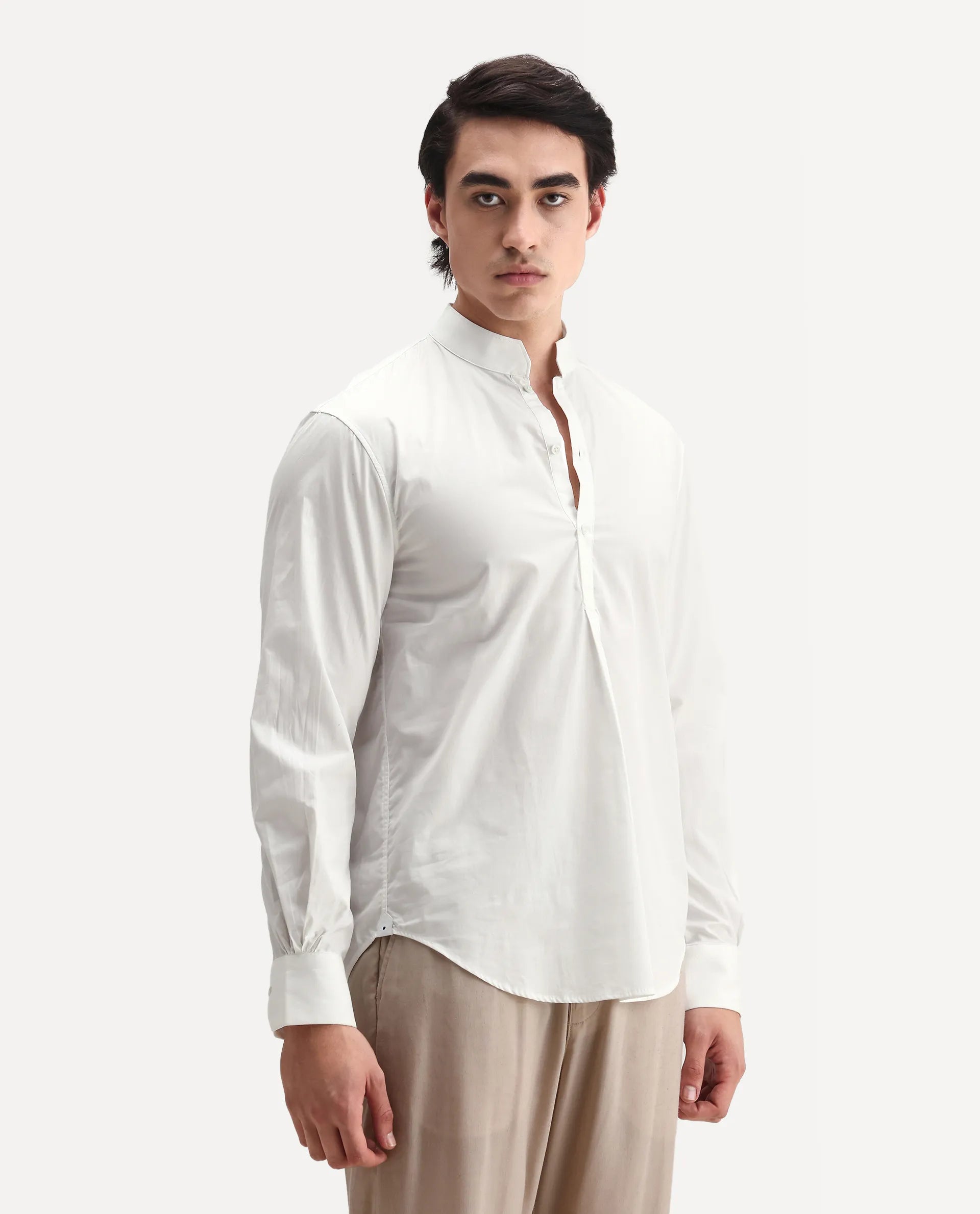 Rare Rabbit Men's Shin White Cotton Plain Regular Fit Full Sleeve Mandarin Collar Shirt