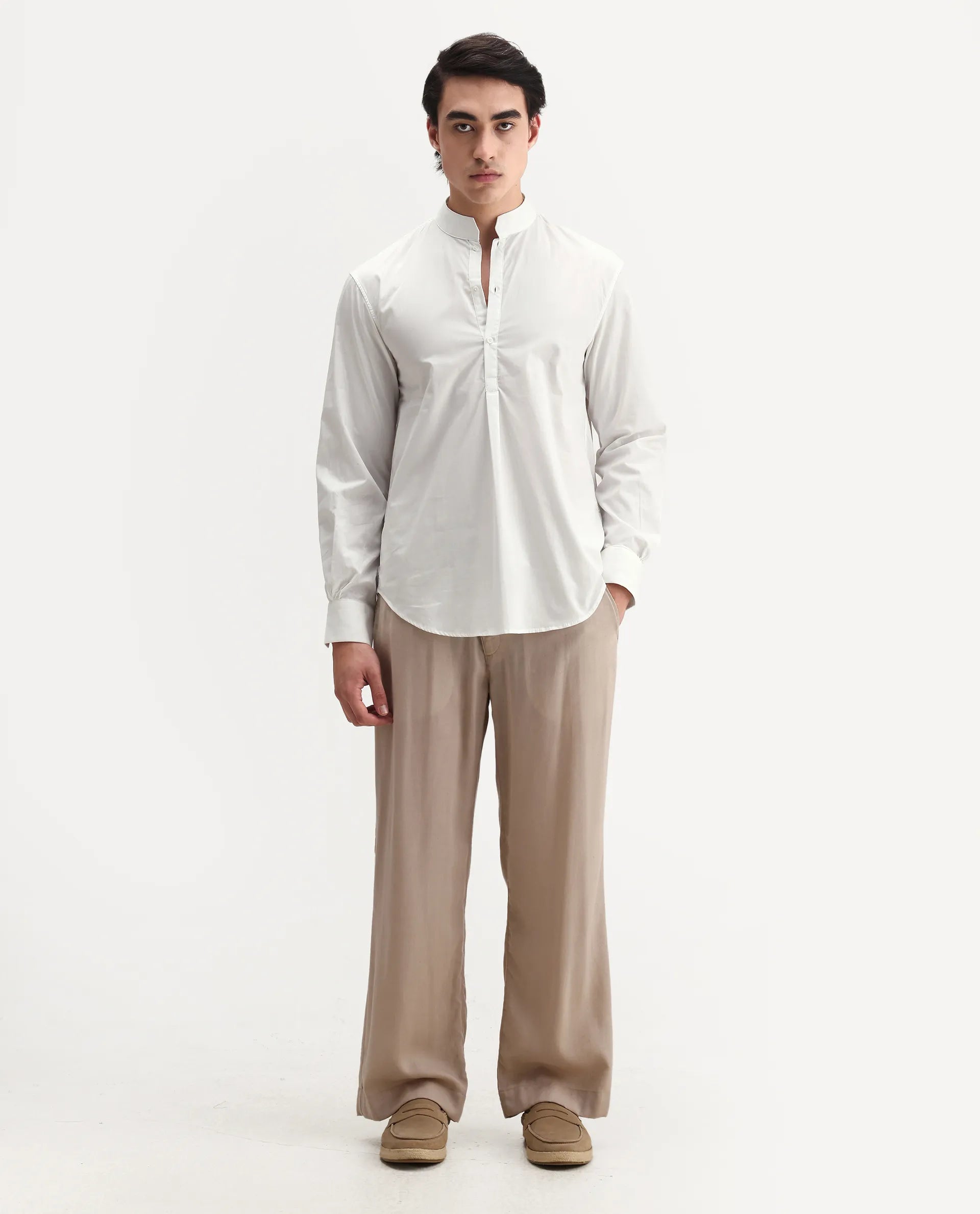 Rare Rabbit Men's Shin White Cotton Plain Regular Fit Full Sleeve Mandarin Collar Shirt