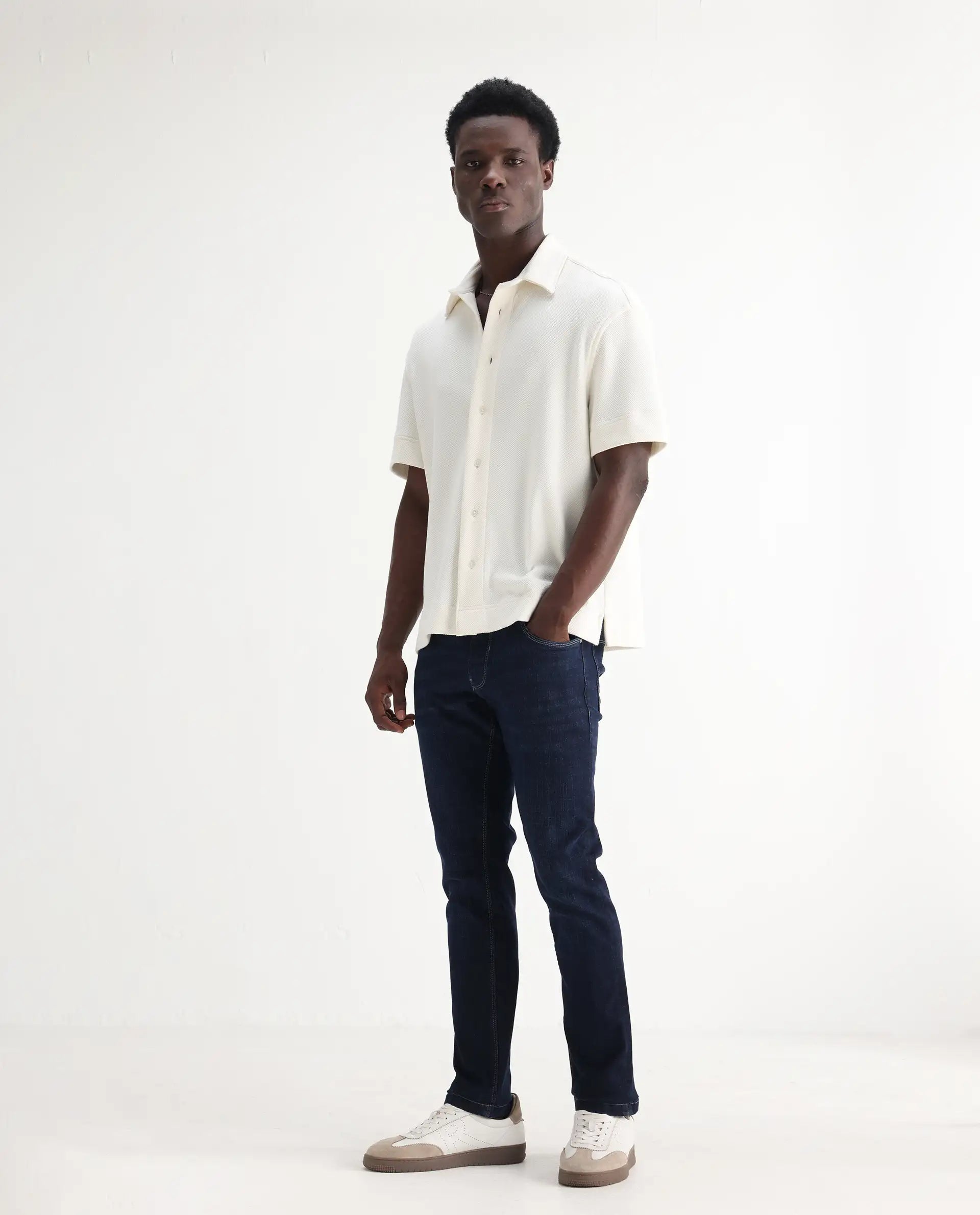 Rare Rabbit Men's Shirol Blue Cotton Blend Plain Hawk Slim Fit Jeans