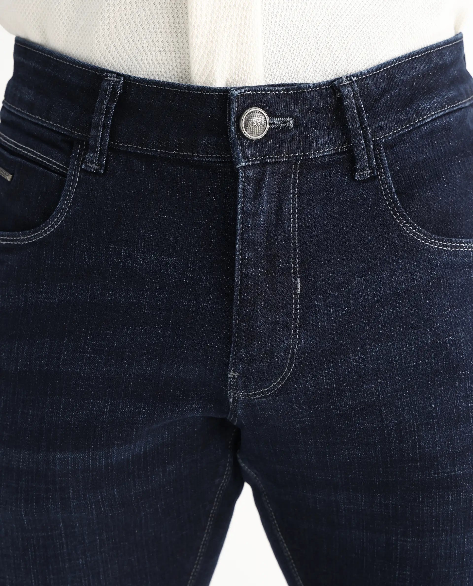 Rare Rabbit Men's Shirol Blue Cotton Blend Plain Hawk Slim Fit Jeans