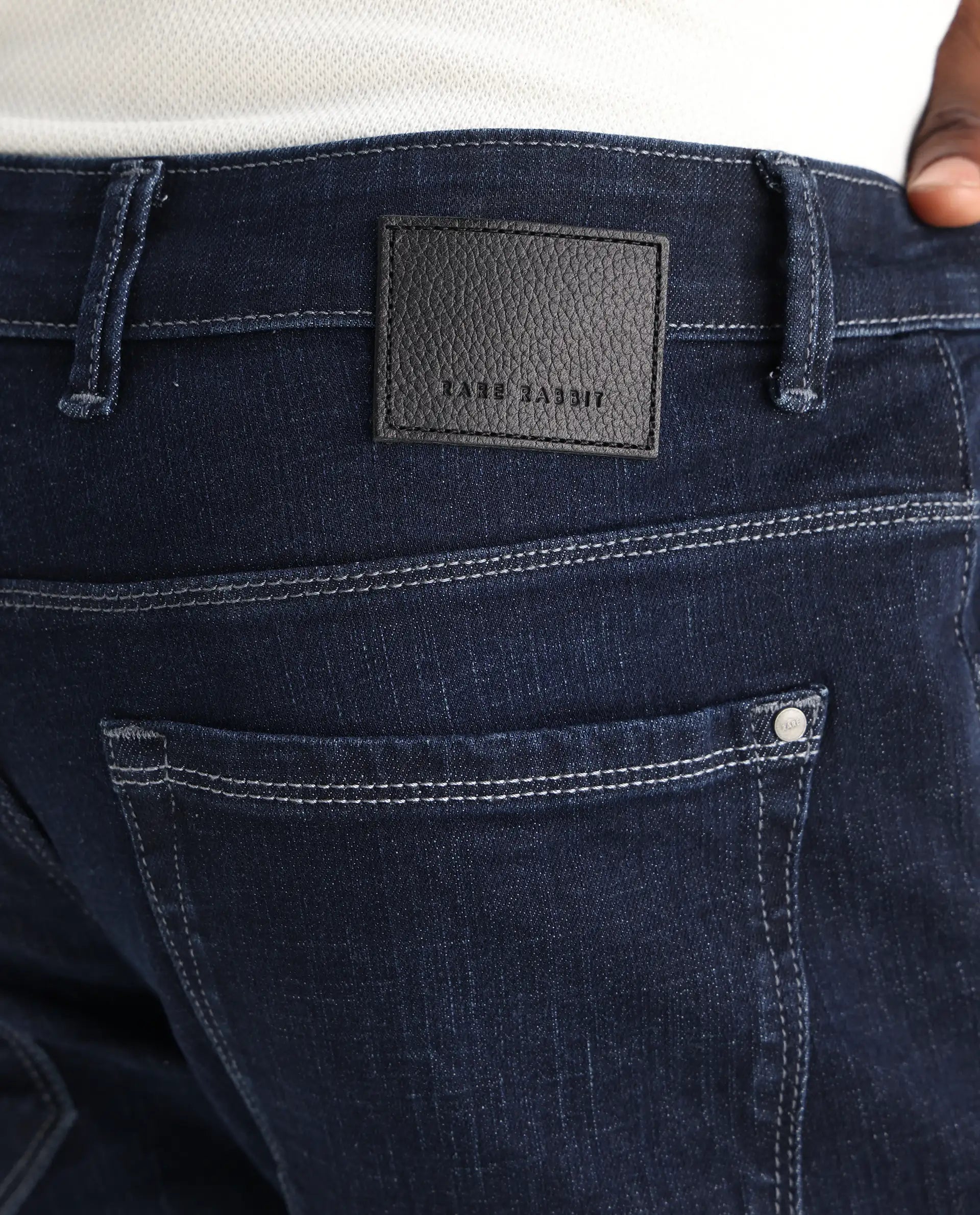 Rare Rabbit Men's Shirol Blue Cotton Blend Plain Hawk Slim Fit Jeans