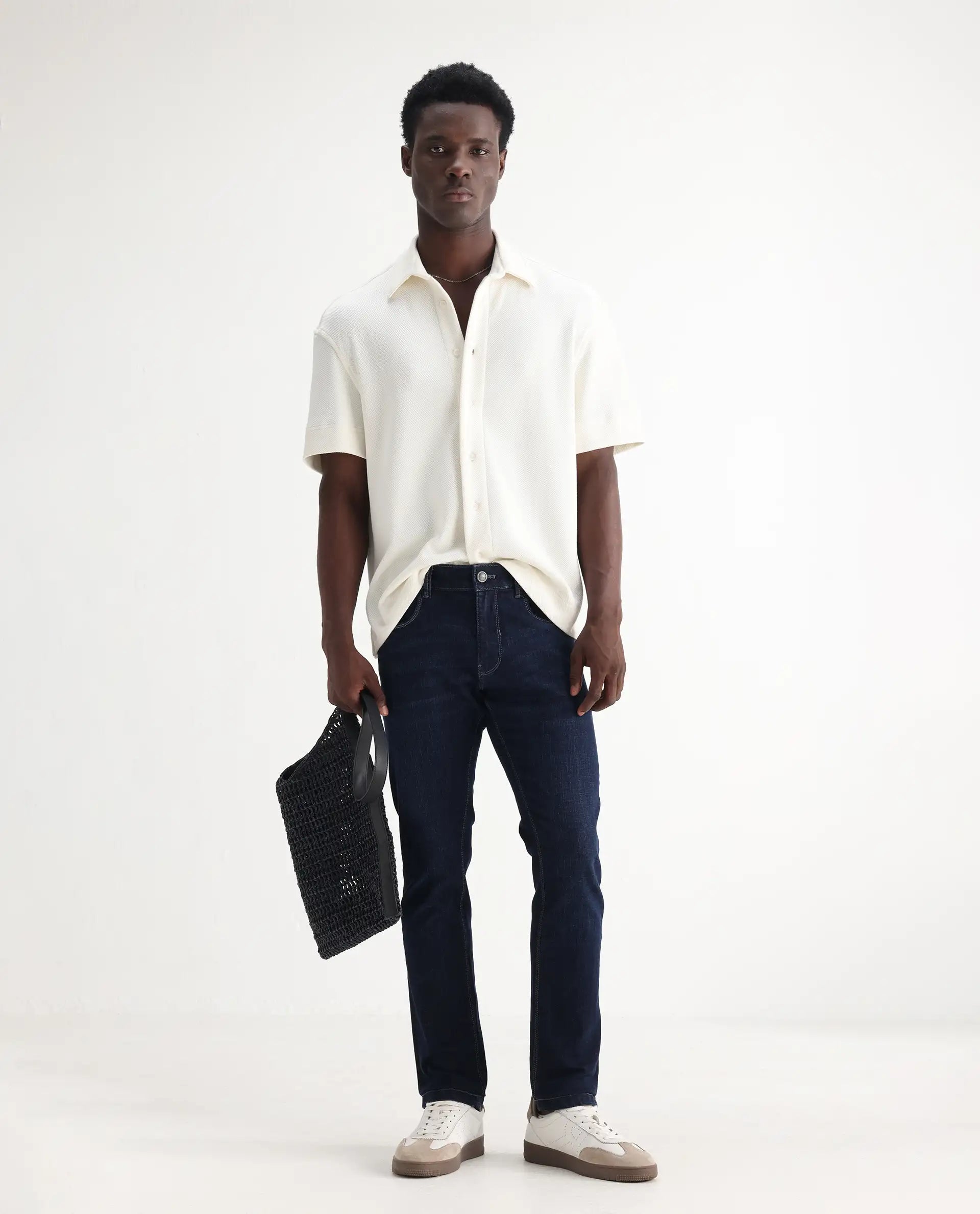 Rare Rabbit Men's Shirol Blue Cotton Blend Plain Hawk Slim Fit Jeans