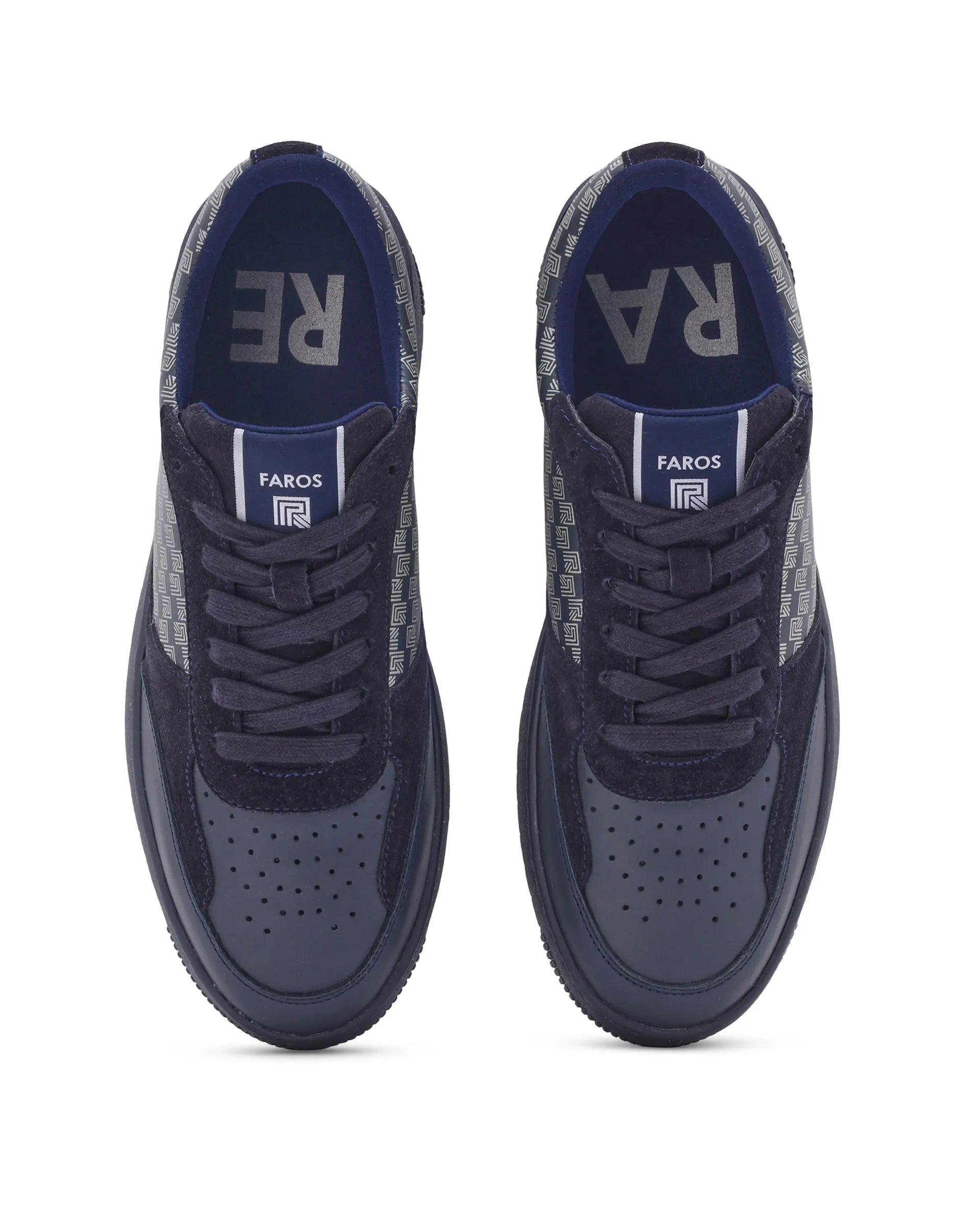 Rare Rabbir Men's Voltro Navy Genuine Leather and Suede Faros "R" Monogram Low-top Lace-up Sneaker Shoes