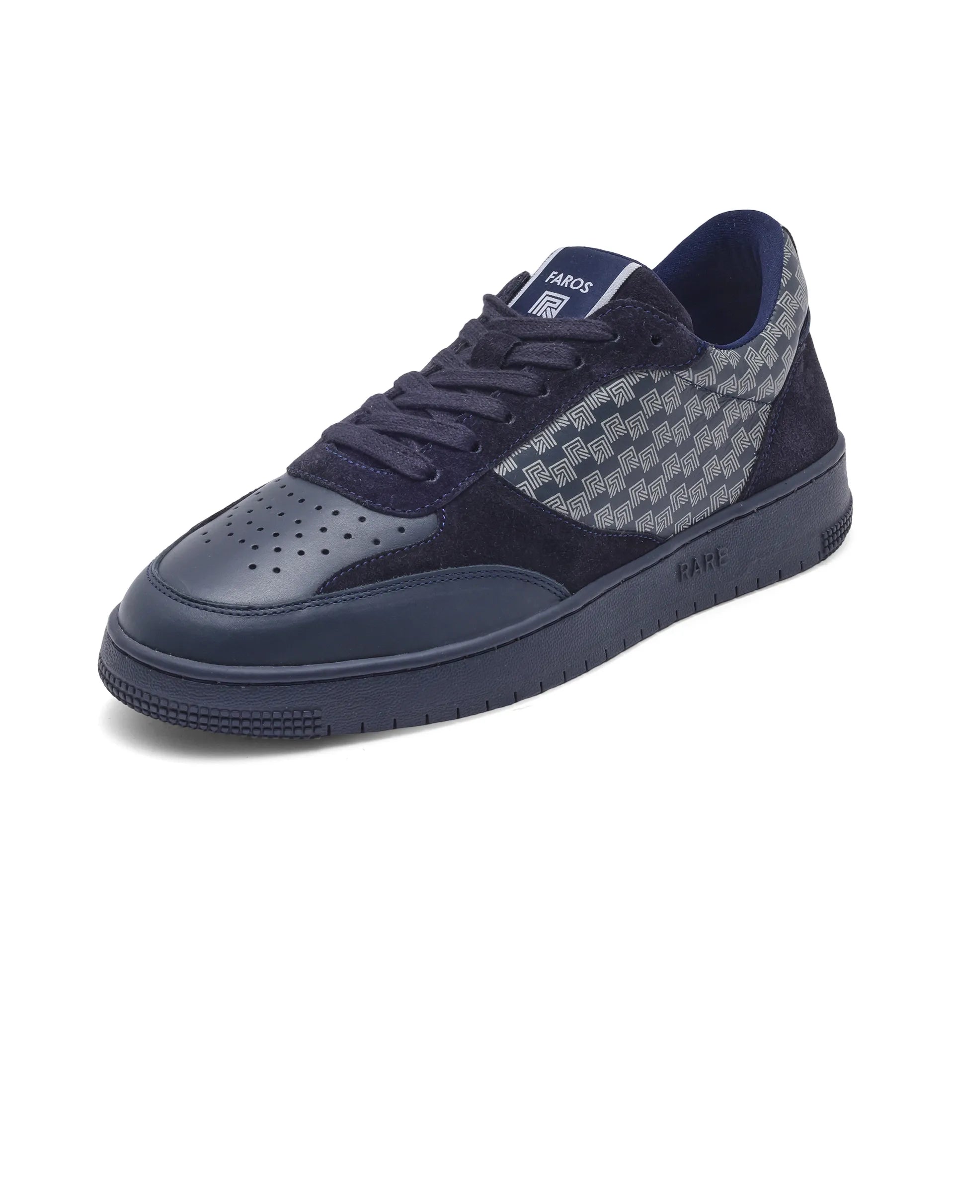 Rare Rabbir Men's Voltro Navy Genuine Leather and Suede Faros "R" Monogram Low-top Lace-up Sneaker Shoes