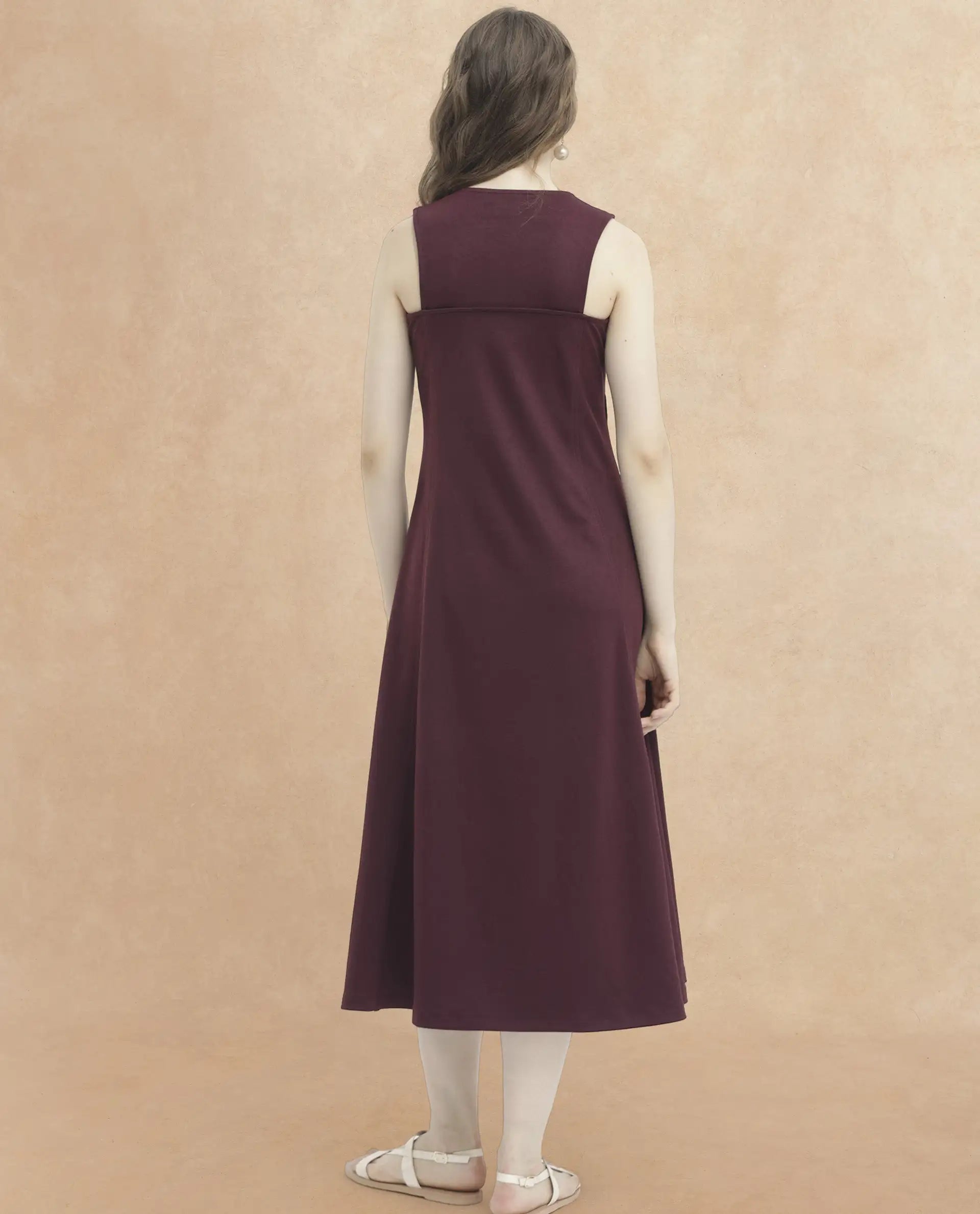 Rareism Women's Shoko Brown Polyester Crew Neck Plain Sleeveless Midi A-Line Dress