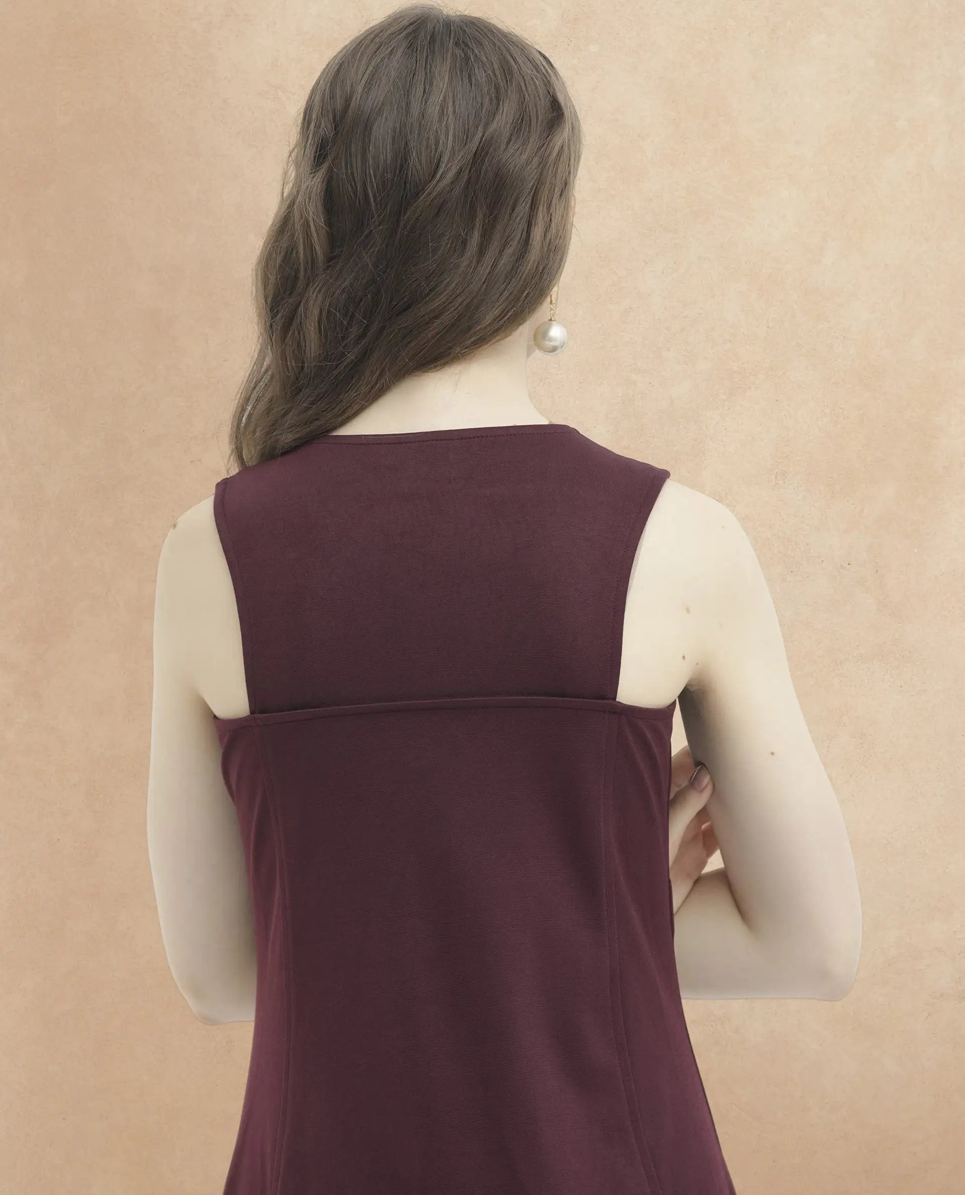 Rareism Women's Shoko Brown Polyester Crew Neck Plain Sleeveless Midi A-Line Dress