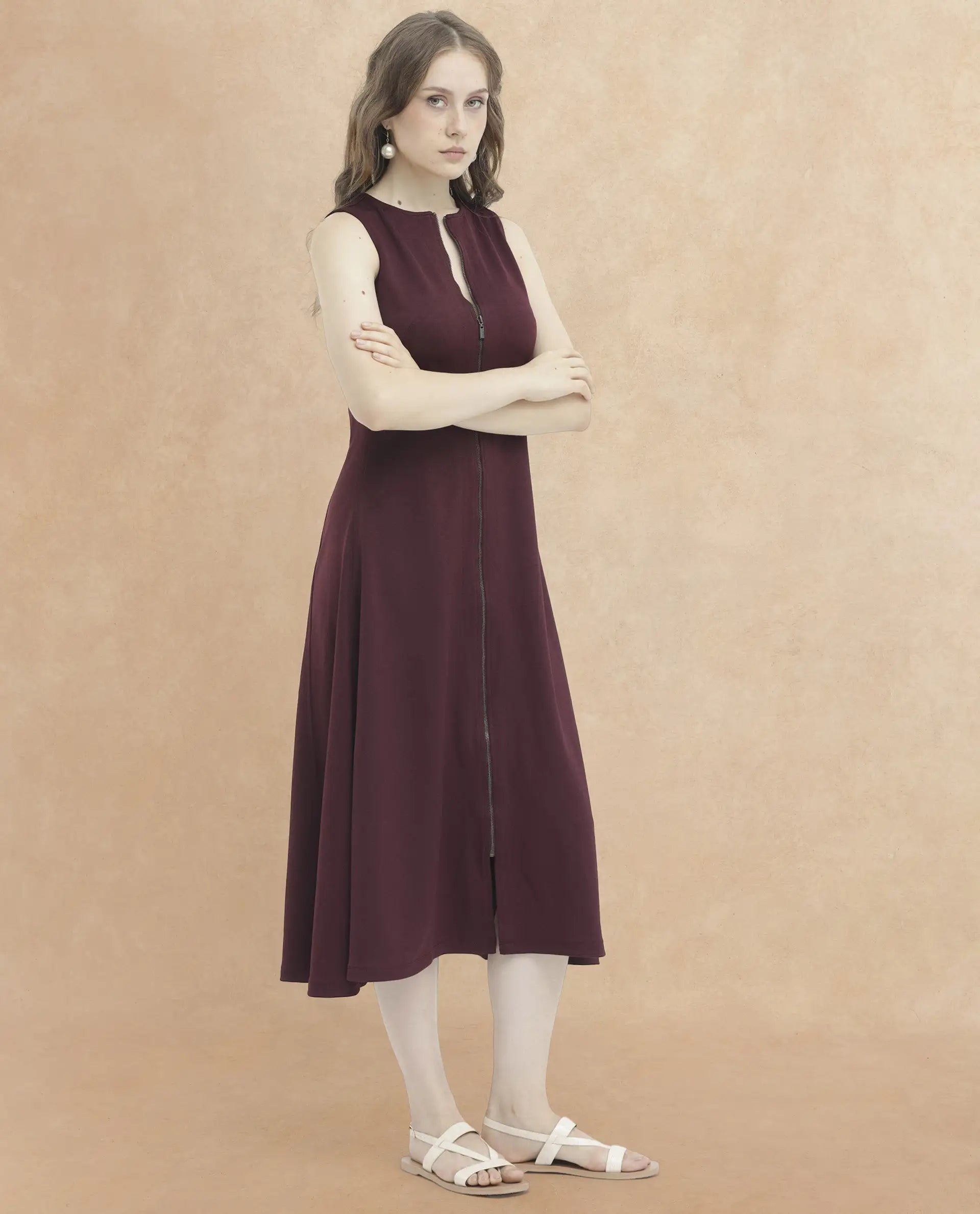 Rareism Women's Shoko Brown Polyester Crew Neck Plain Sleeveless Midi A-Line Dress