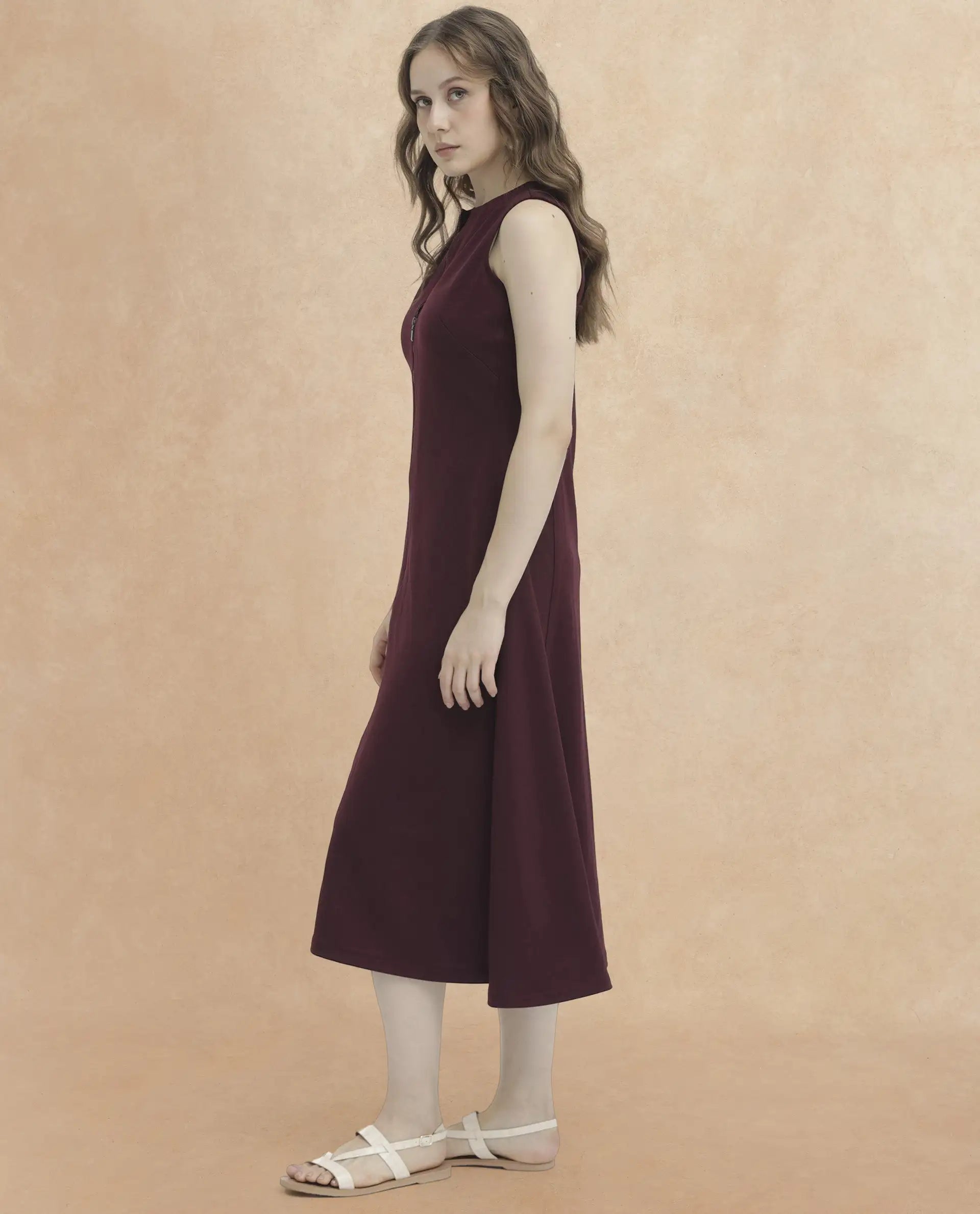 Rareism Women's Shoko Brown Polyester Crew Neck Plain Sleeveless Midi A-Line Dress