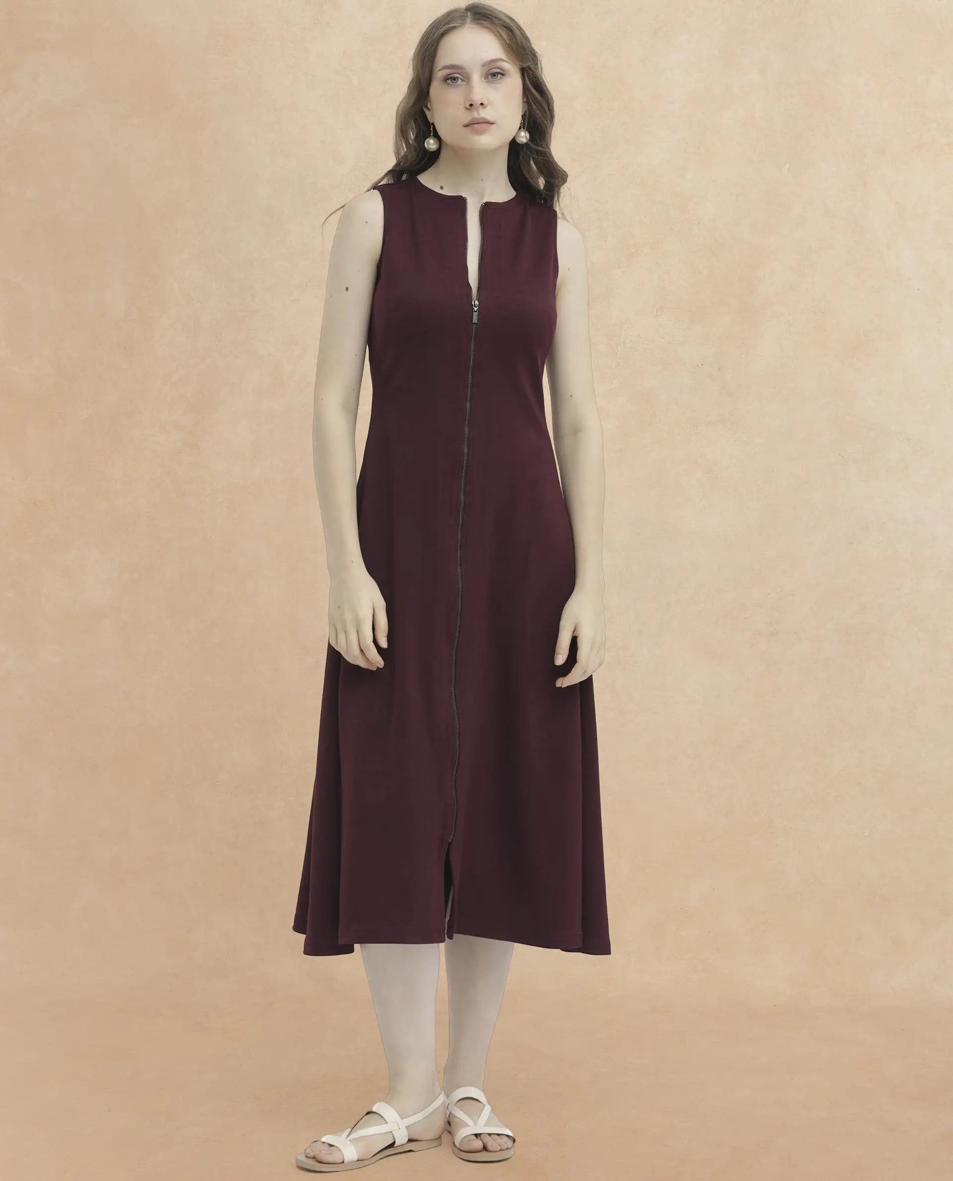 Rareism Women's Shoko Brown Polyester Crew Neck Plain Sleeveless Midi A-Line Dress