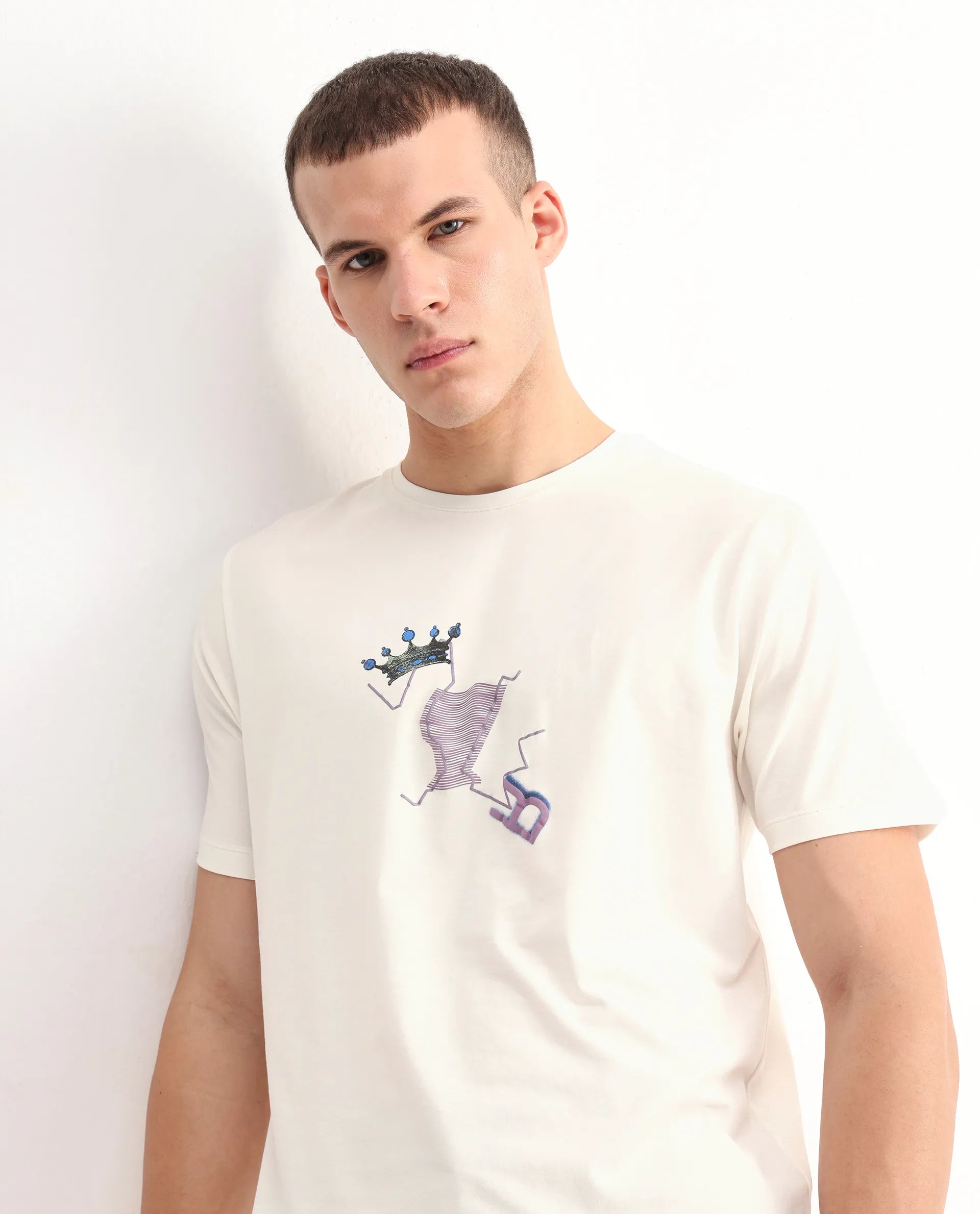 Rare Rabbit Men's Shone Off White Cotton Blend Graphic Print Regular Fit Half Sleeve Crew Neck T-Shirt
