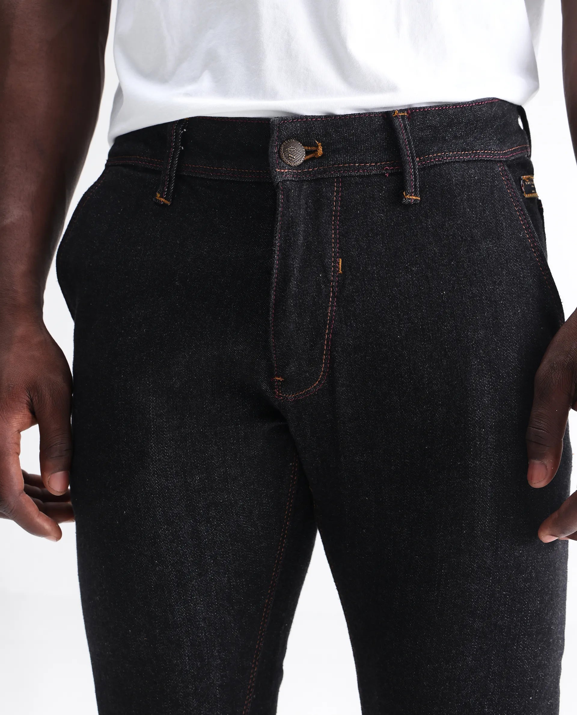 Rare Rabbit Men's Shooter Black Cotton Plain Hawk Slim Fit Jeans