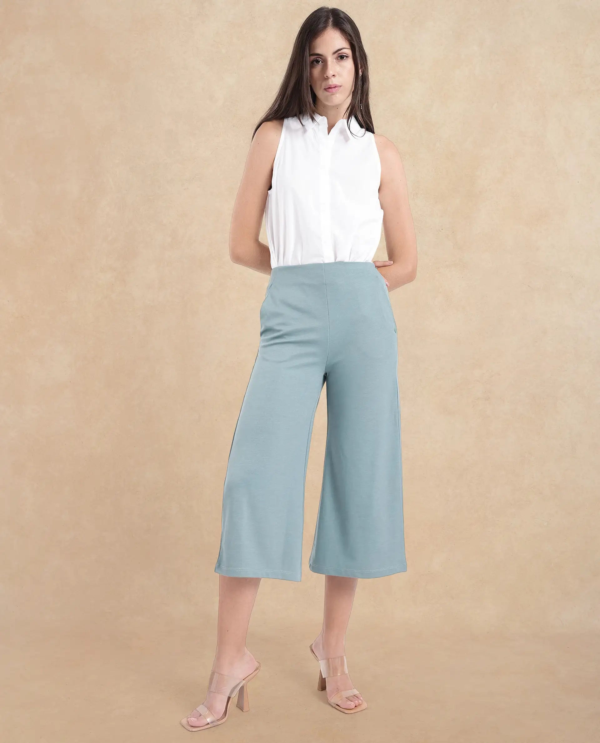 Rareism Women Shoyo Light Green Polyester Fabric Zip Closure Flared Fit Plain Midi Culottes