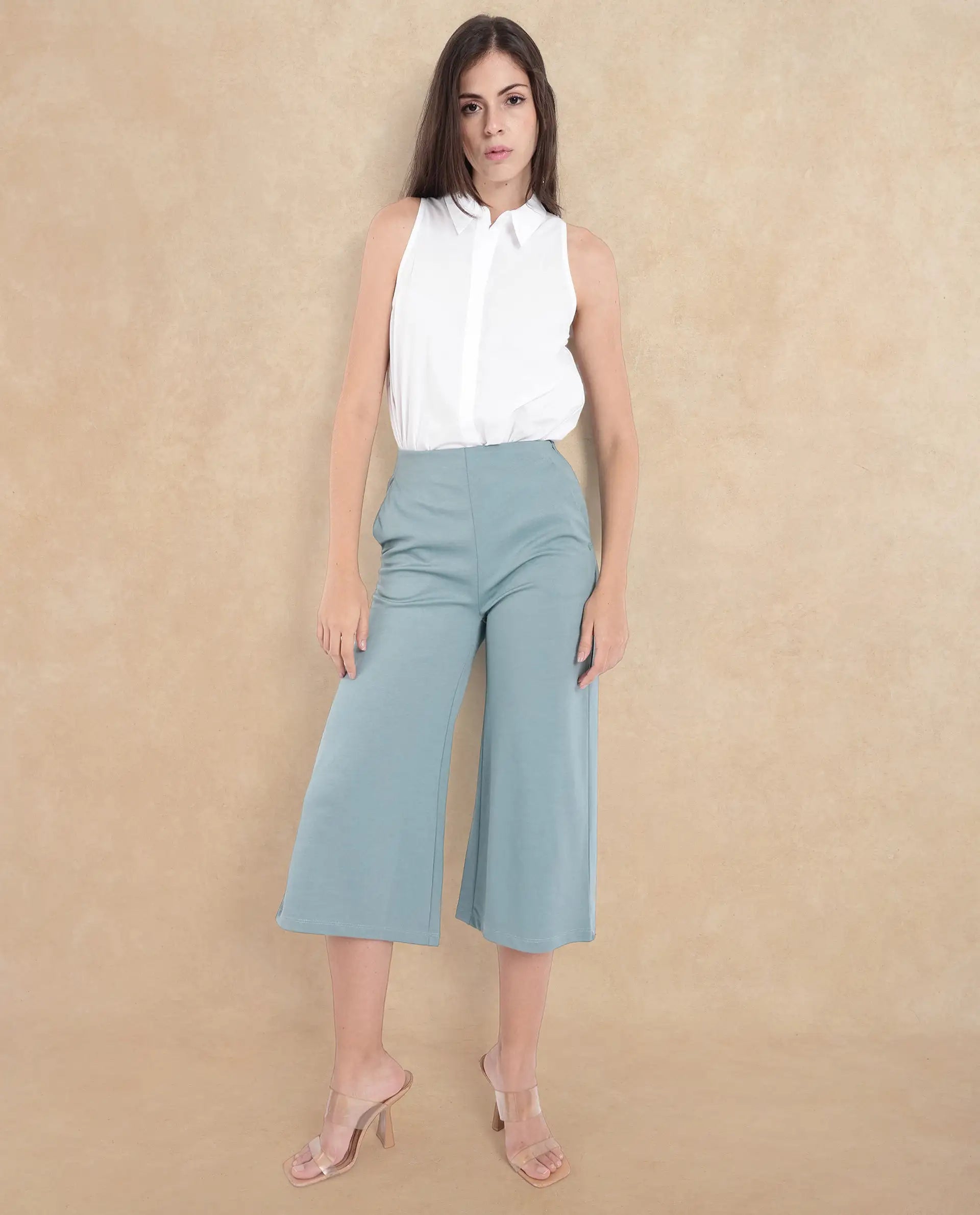 Rareism Women Shoyo Light Green Polyester Fabric Zip Closure Flared Fit Plain Midi Culottes