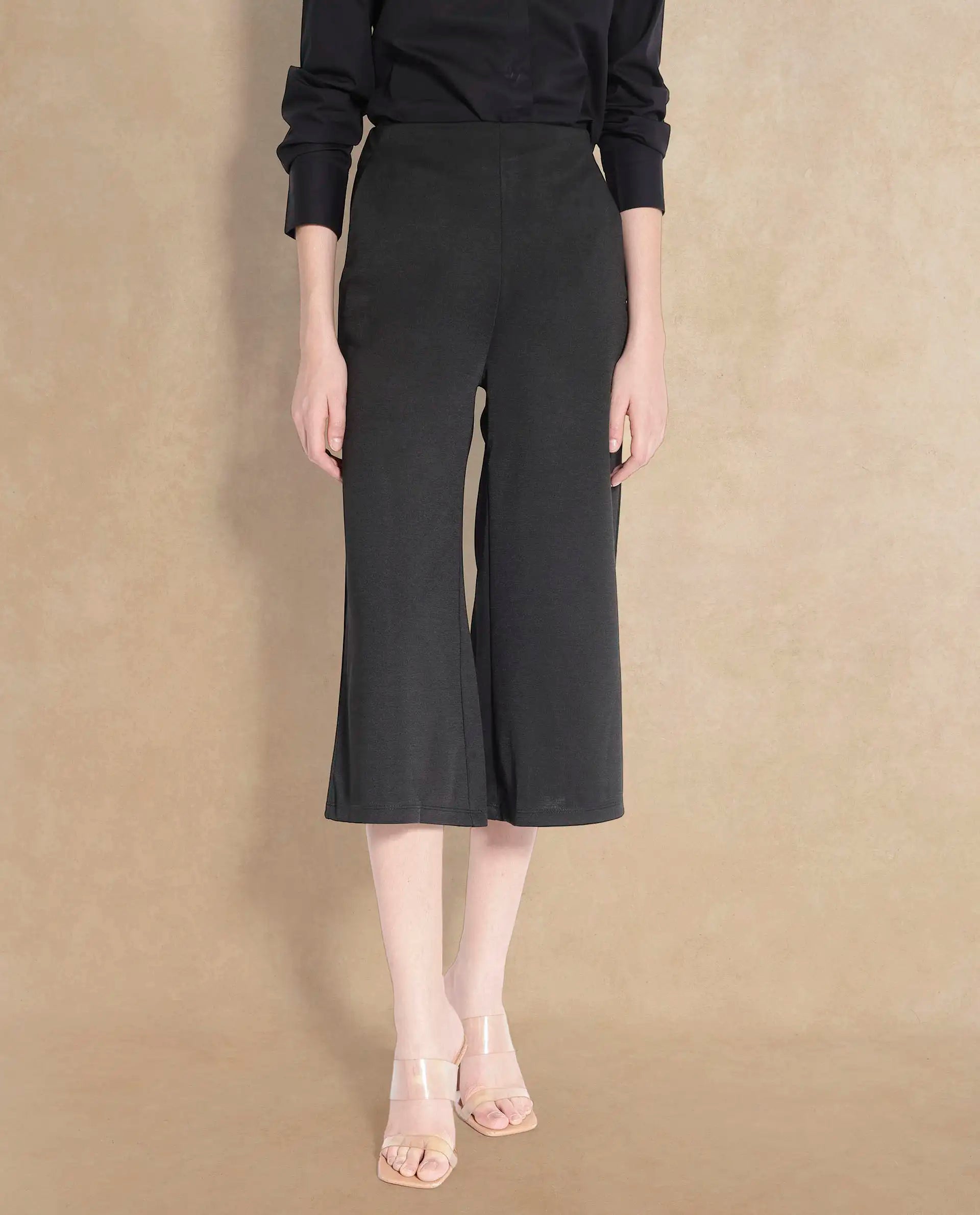 Rareism Women's Shoyo Black Polyester Plain Midi Flared Trouser