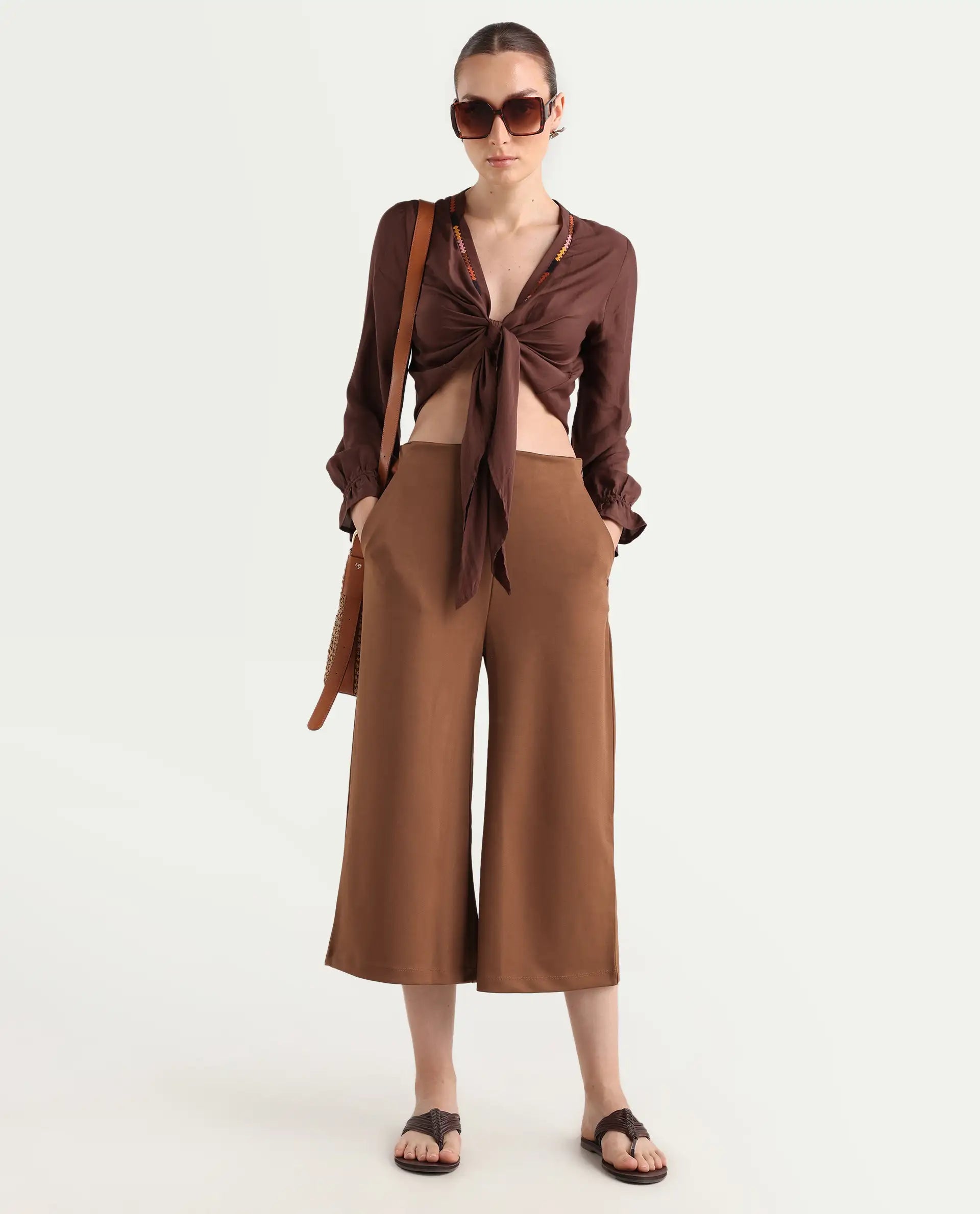 Rareism Women's Shoyo Dark Brown Polyester Plain Midi Flared Trouser