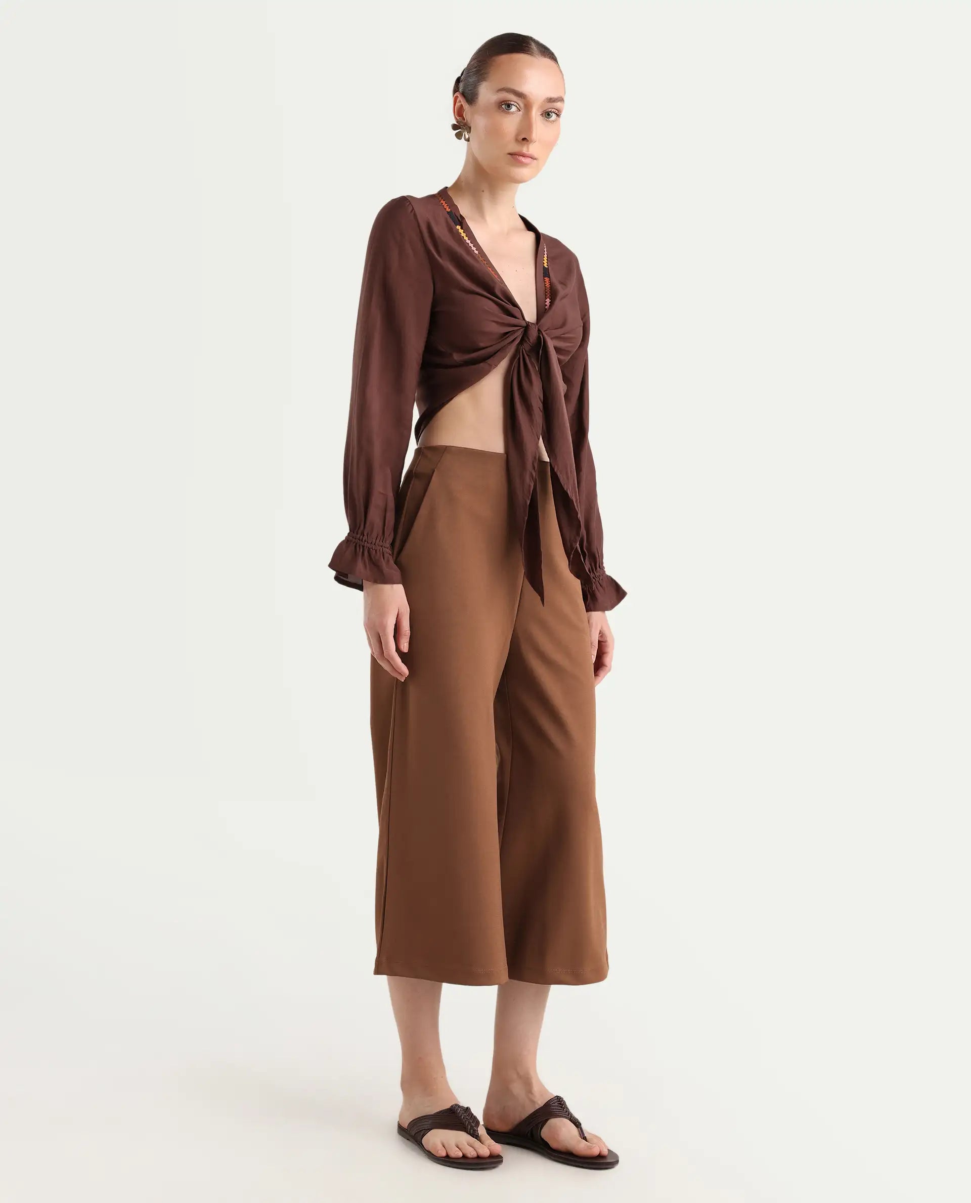 Rareism Women's Shoyo Dark Brown Polyester Plain Midi Flared Trouser