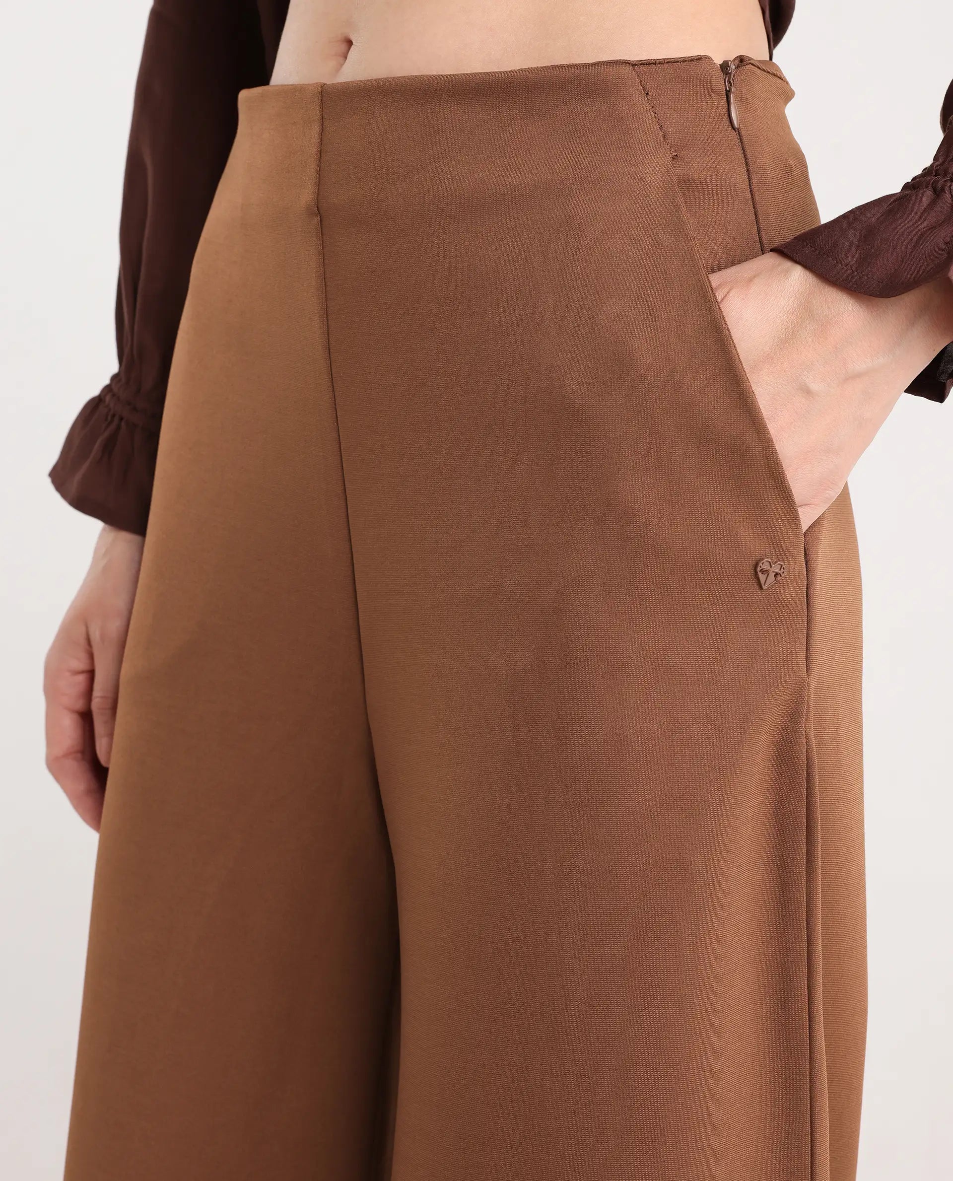 Rareism Women's Shoyo Dark Brown Polyester Plain Midi Flared Trouser
