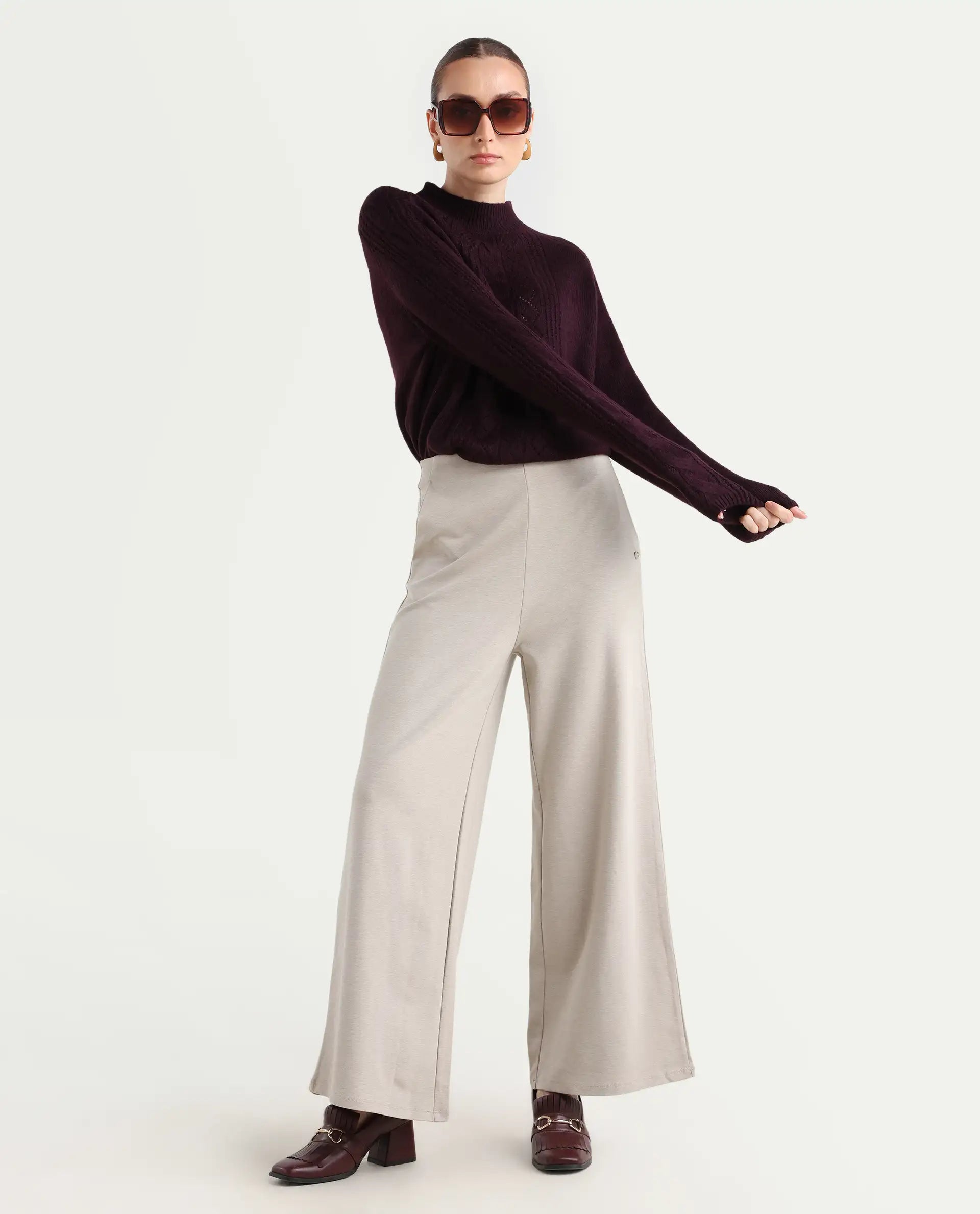 Rareism Women's Shoyon Beige Cotton Blend Plain Midi Wide Trouser