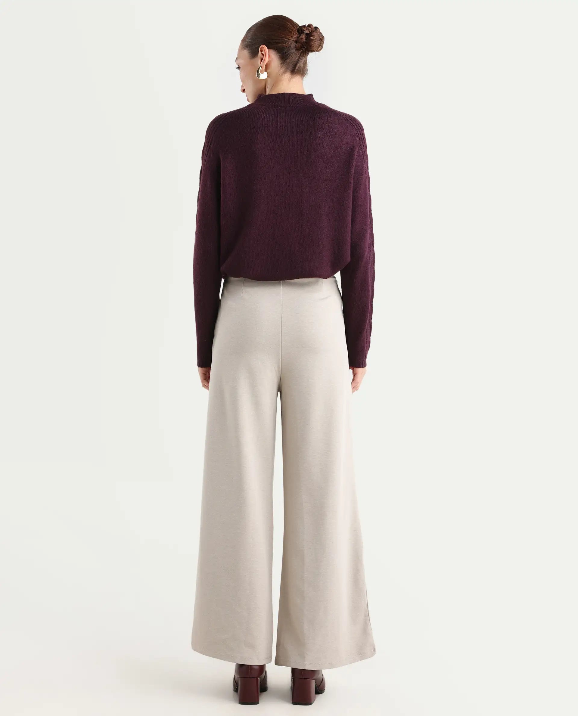 Rareism Women's Shoyon Beige Cotton Blend Plain Midi Wide Trouser