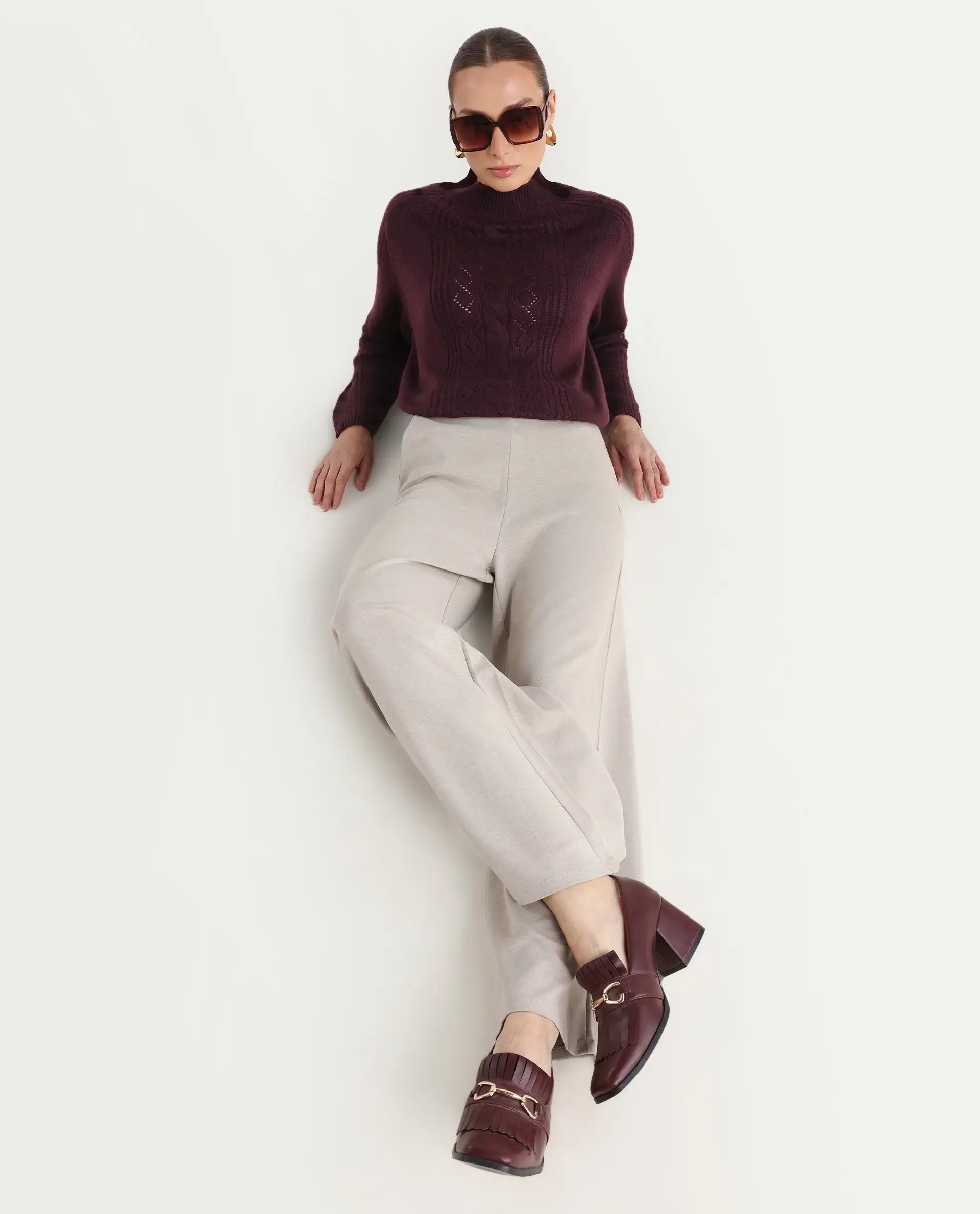 Rareism Women's Shoyon Beige Cotton Blend Plain Midi Wide Trouser