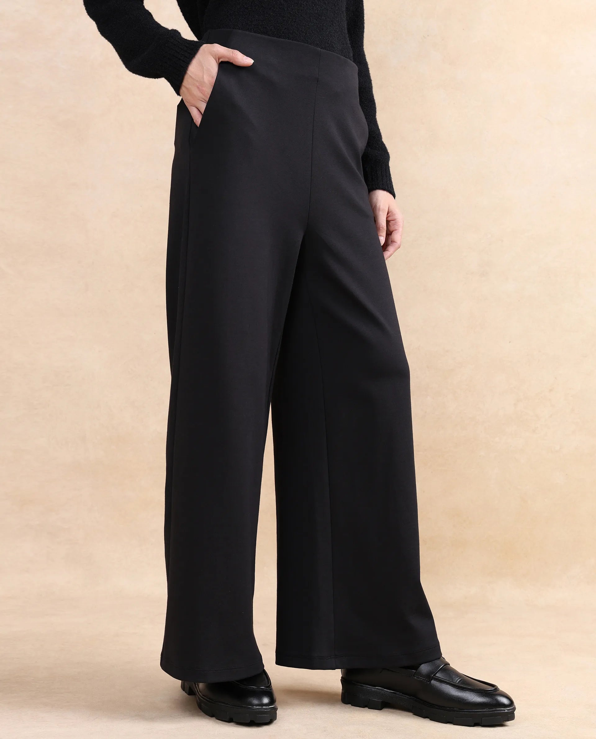 Rareism Women Shoyon Black Cotton Viscose Fabric Wide Fit Midi Plain Trouser