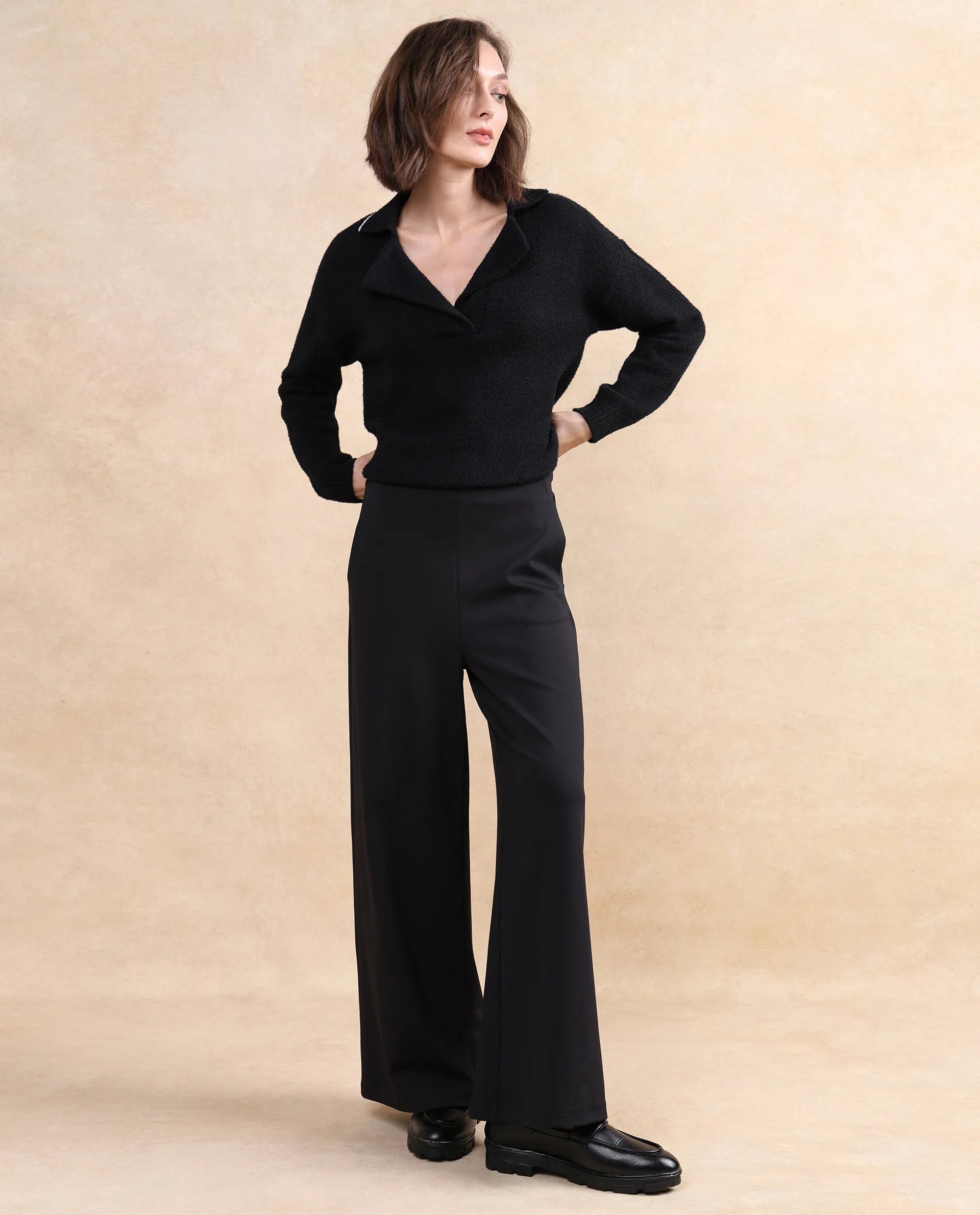 Rareism Women Shoyon Black Cotton Viscose Fabric Wide Fit Midi Plain Trouser