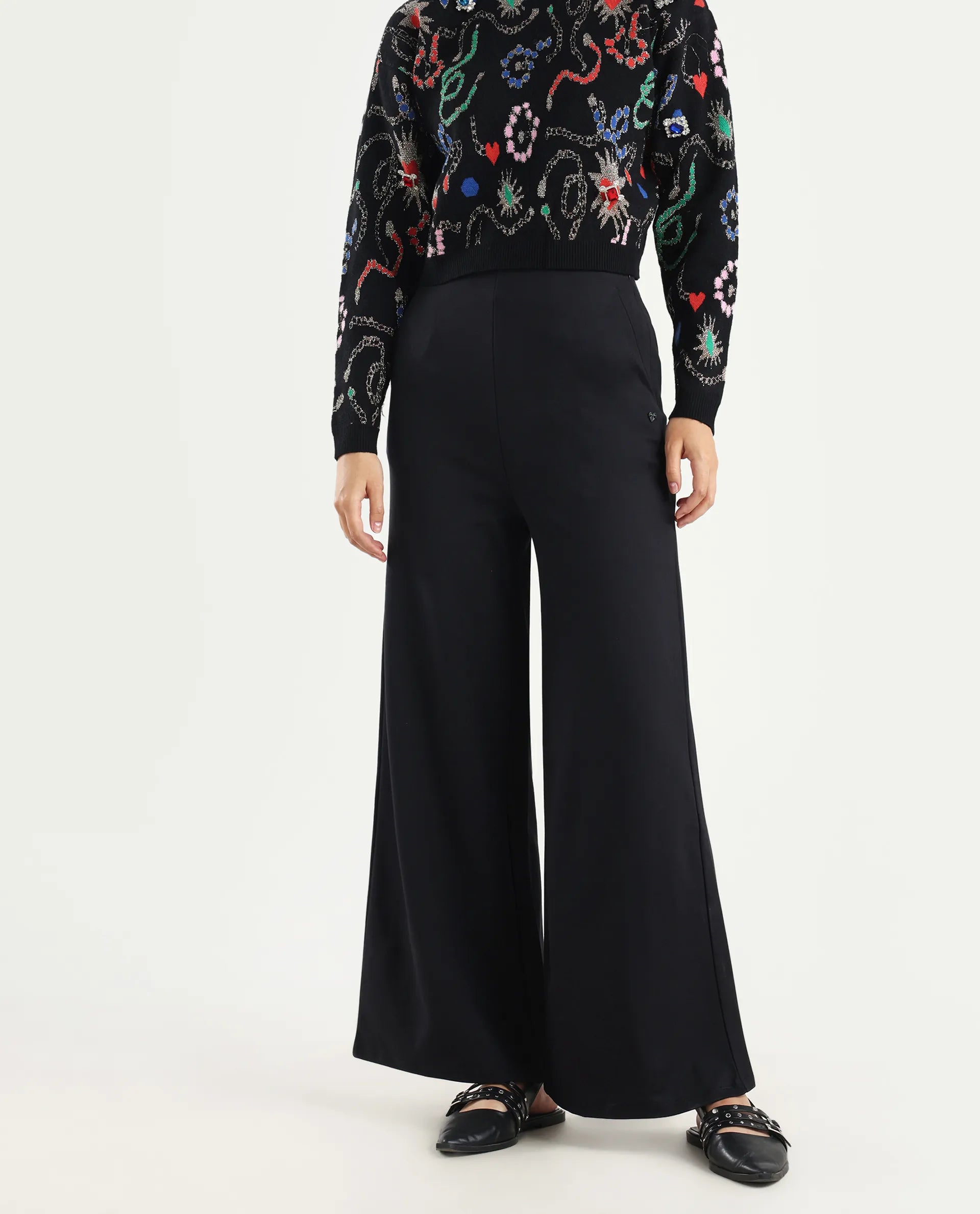 Rareism Women's Shoyon Black Cotton Blend Plain Midi Wide Trouser