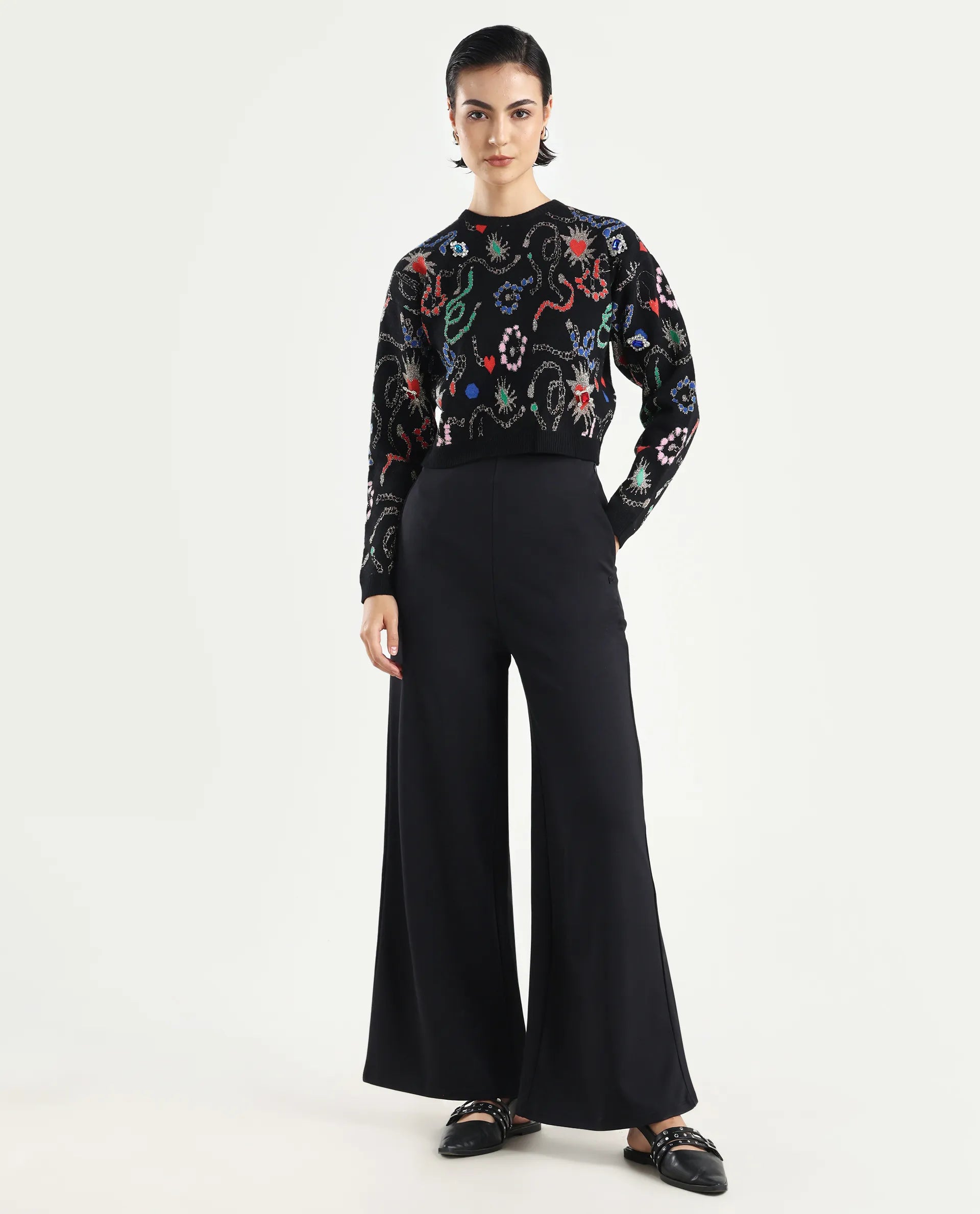 Rareism Women's Shoyon Black Cotton Blend Plain Midi Wide Trouser