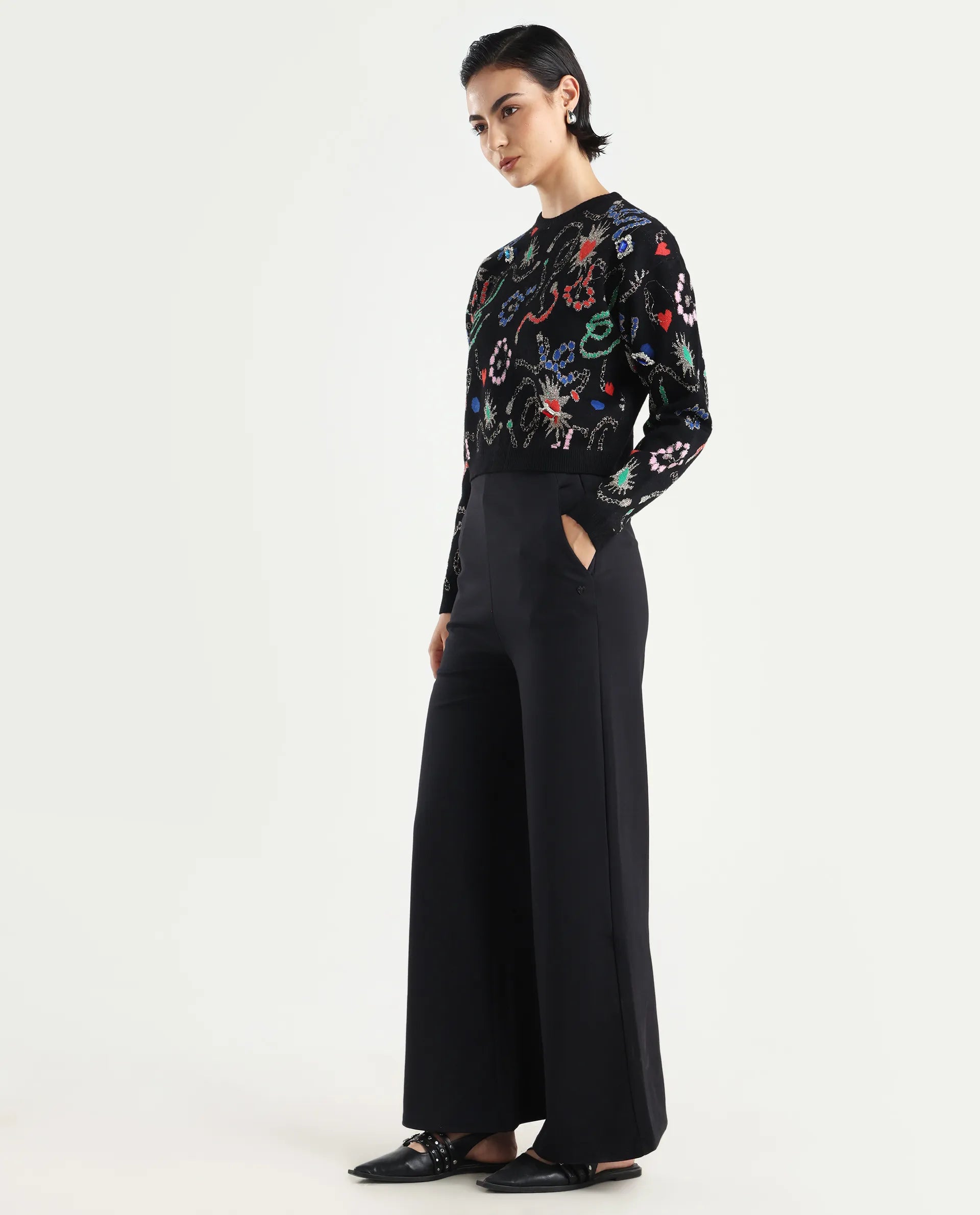 Rareism Women's Shoyon Black Cotton Blend Plain Midi Wide Trouser