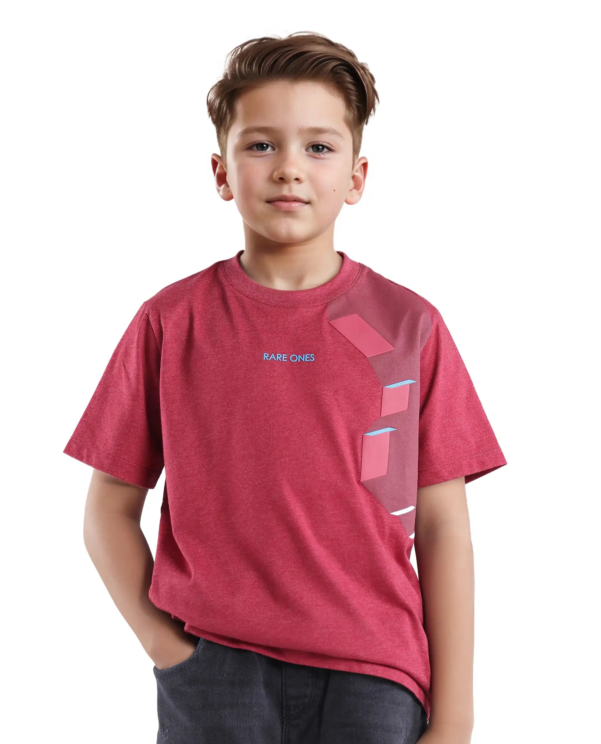 Rare Ones Kids Si Dusky Red Cotton Poly Short Sleeve Crew Neck Raised Hd Print T-Shirt