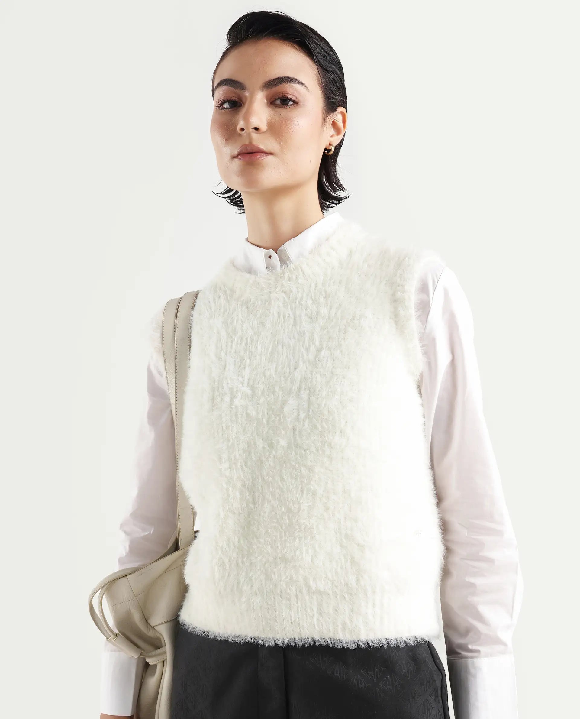 Rareism Women's Sielo White Nylon Crew Neck Plain Sleeveless Relaxed Fit Sweater