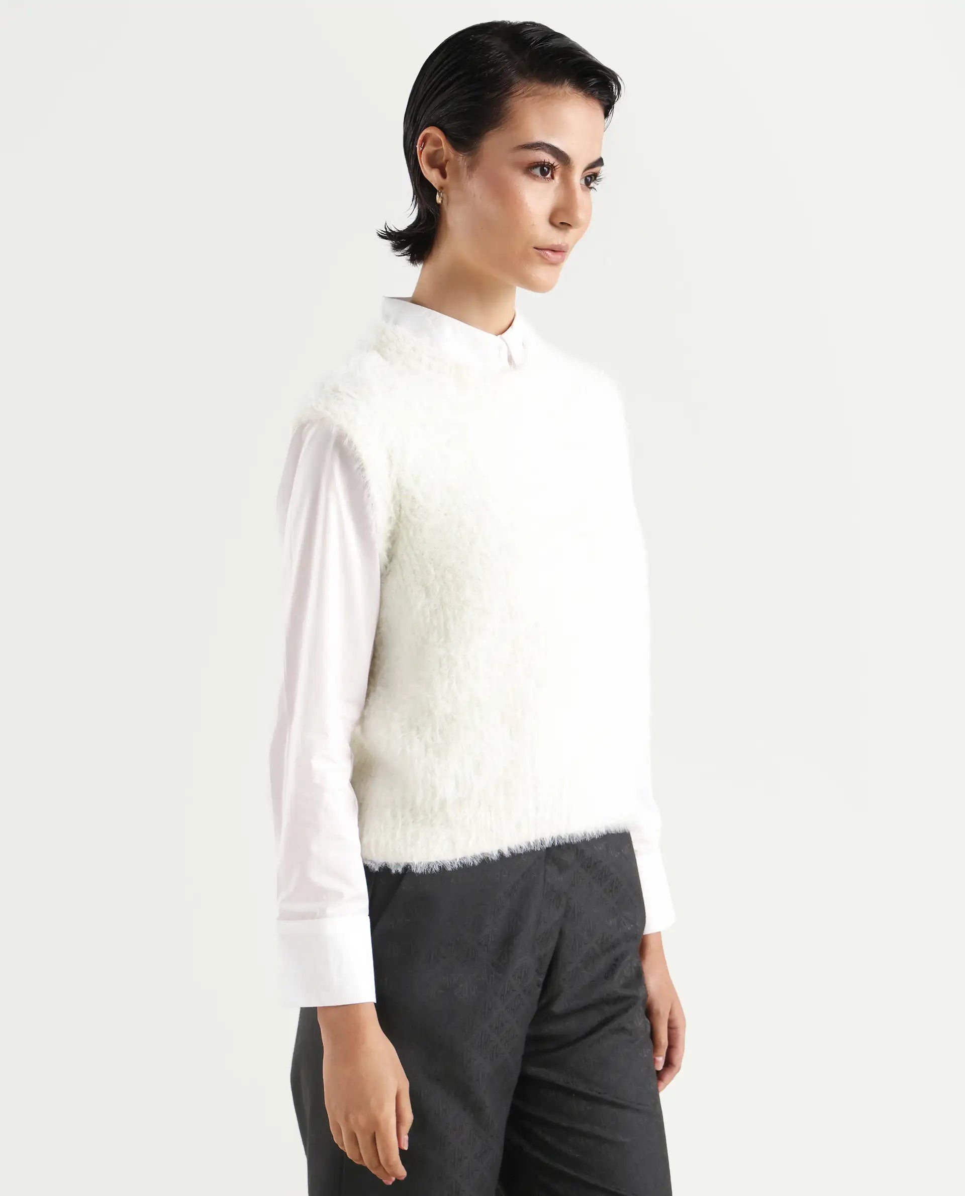 Rareism Women's Sielo White Nylon Crew Neck Plain Sleeveless Relaxed Fit Sweater